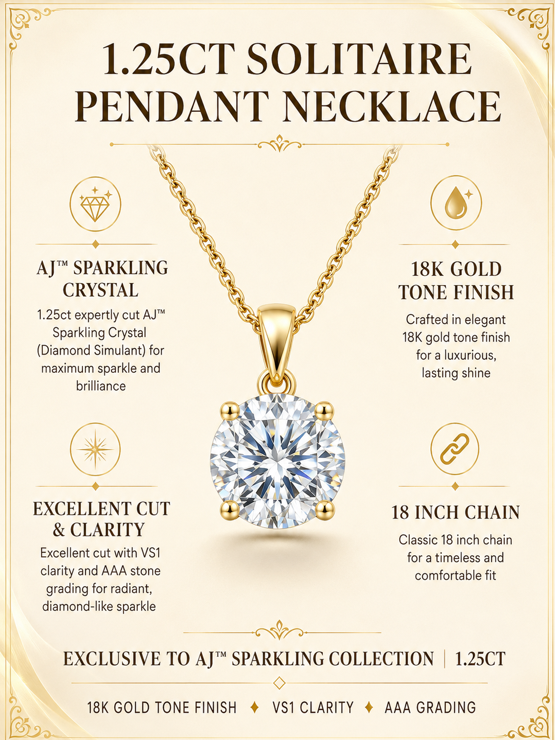1.25Ct Solitaire Pendant Necklace 18K Gold Tone Finish