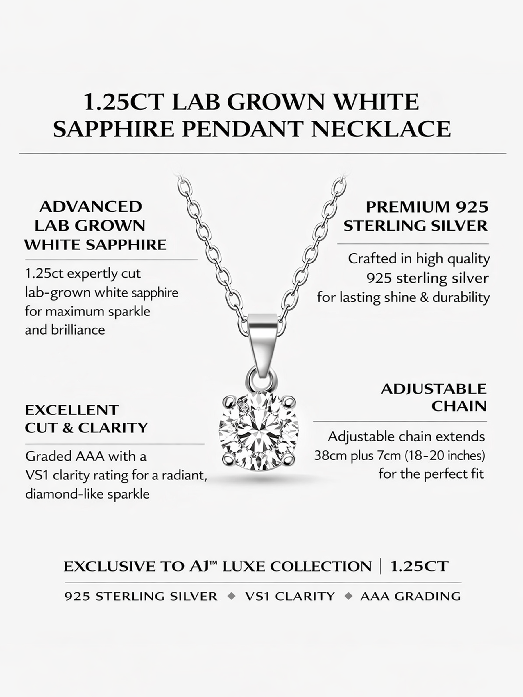 1.25ct Lab Grown White Sapphire Pendant Necklace info
