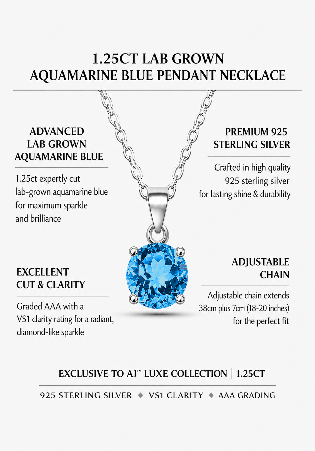 1.25ct Lab Grown Aquamarine Blue Sapphire Pendant Necklace