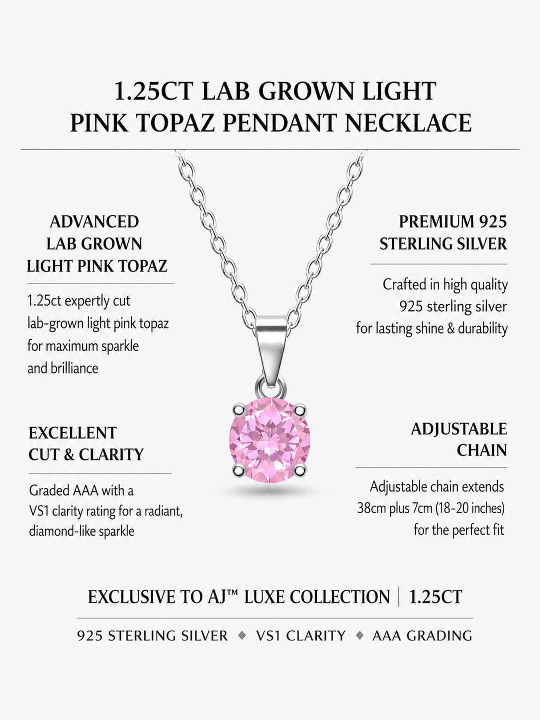 1.25Ct Lab Grown Light Pink Topaz Pendant Necklace