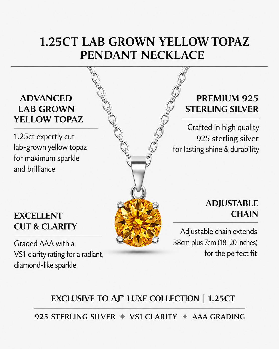 1.25ct Lab Grown Yellow Topaz Pendant Necklace