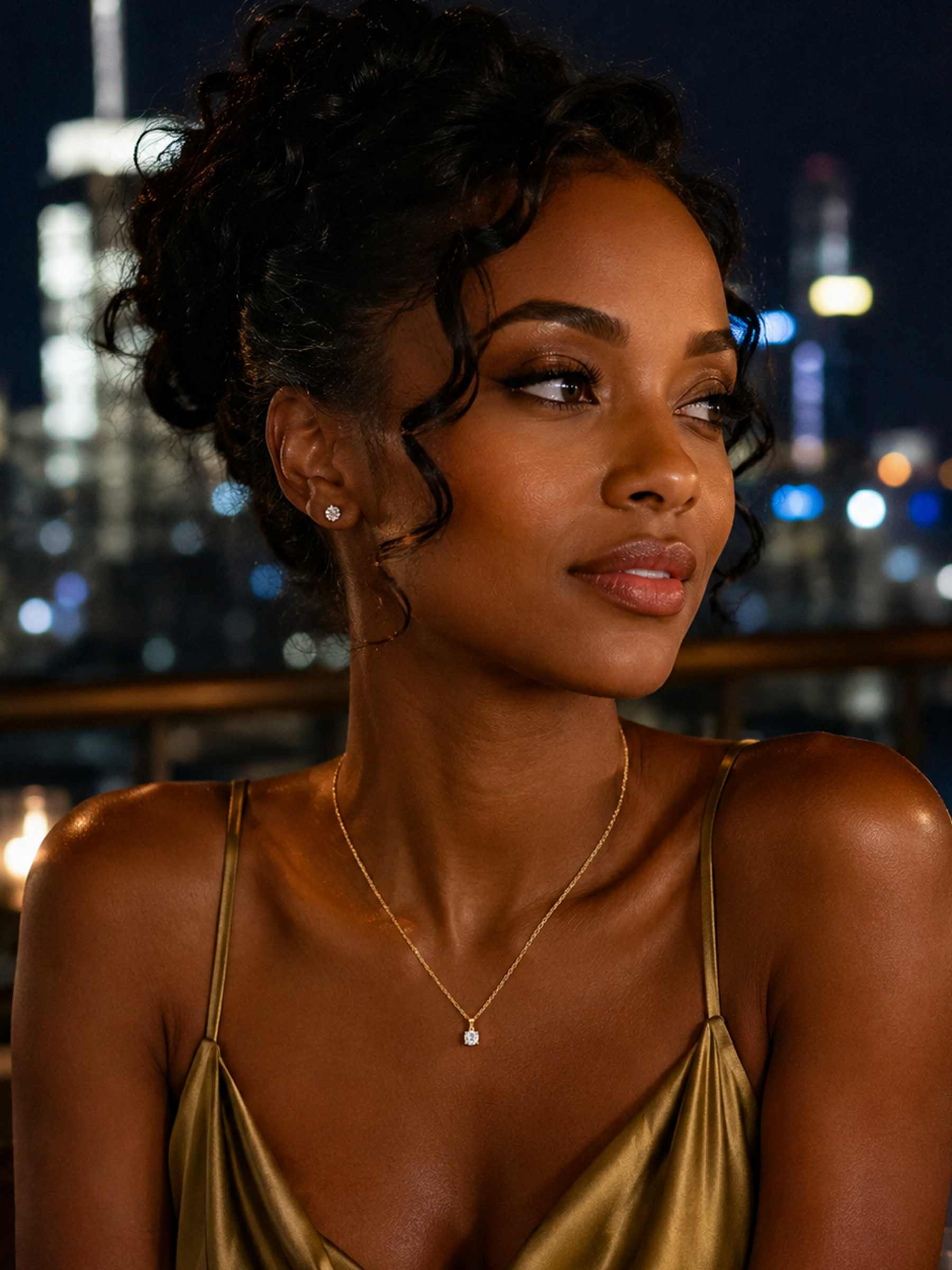A woman with styled dark curly hair wearing 1.25Ct Solitaire Pendant Necklace 18K Gold Tone Finish