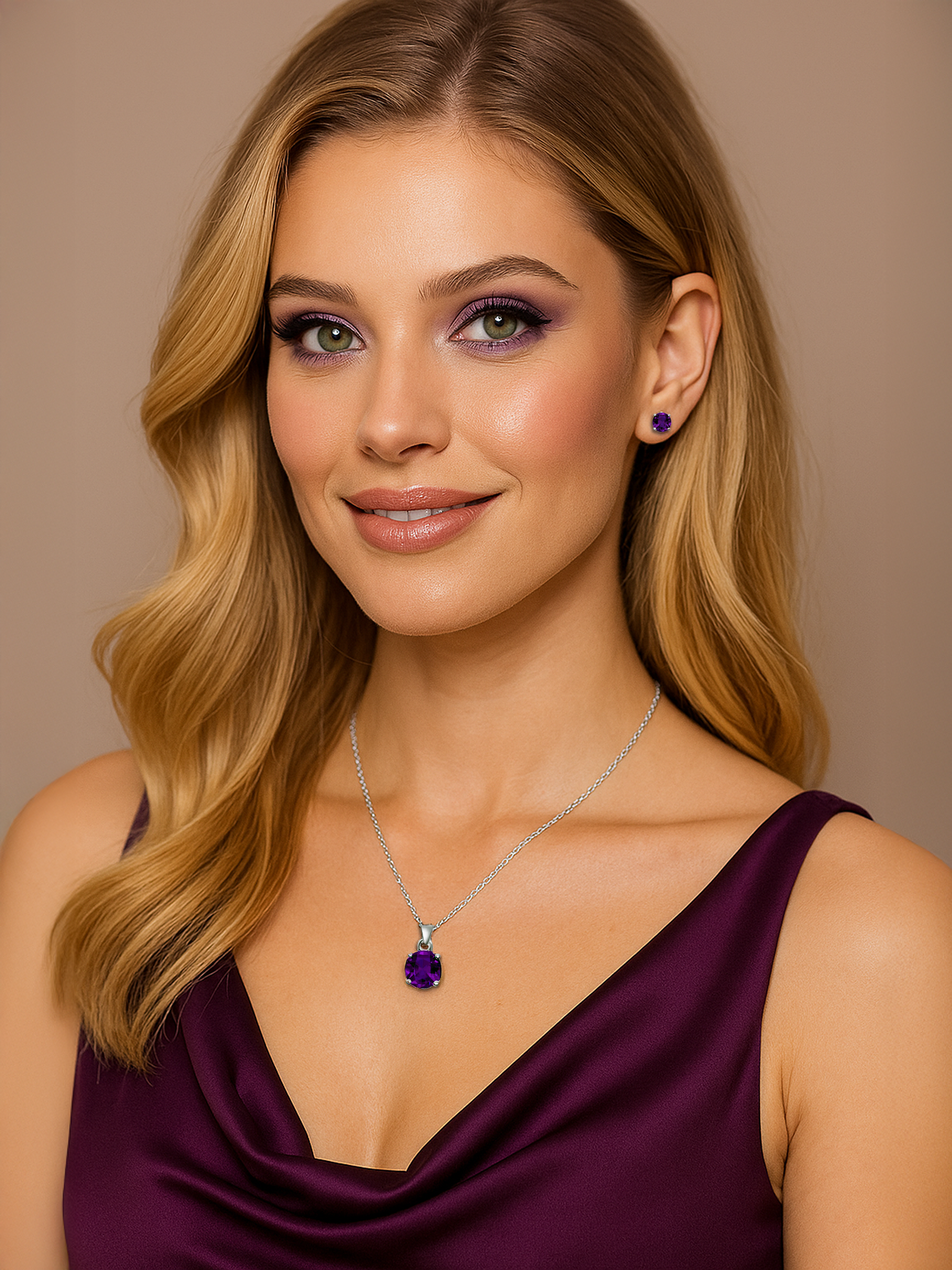Woman model wearing 2ct Lab Grown Amethyst Purple Pendant Necklace