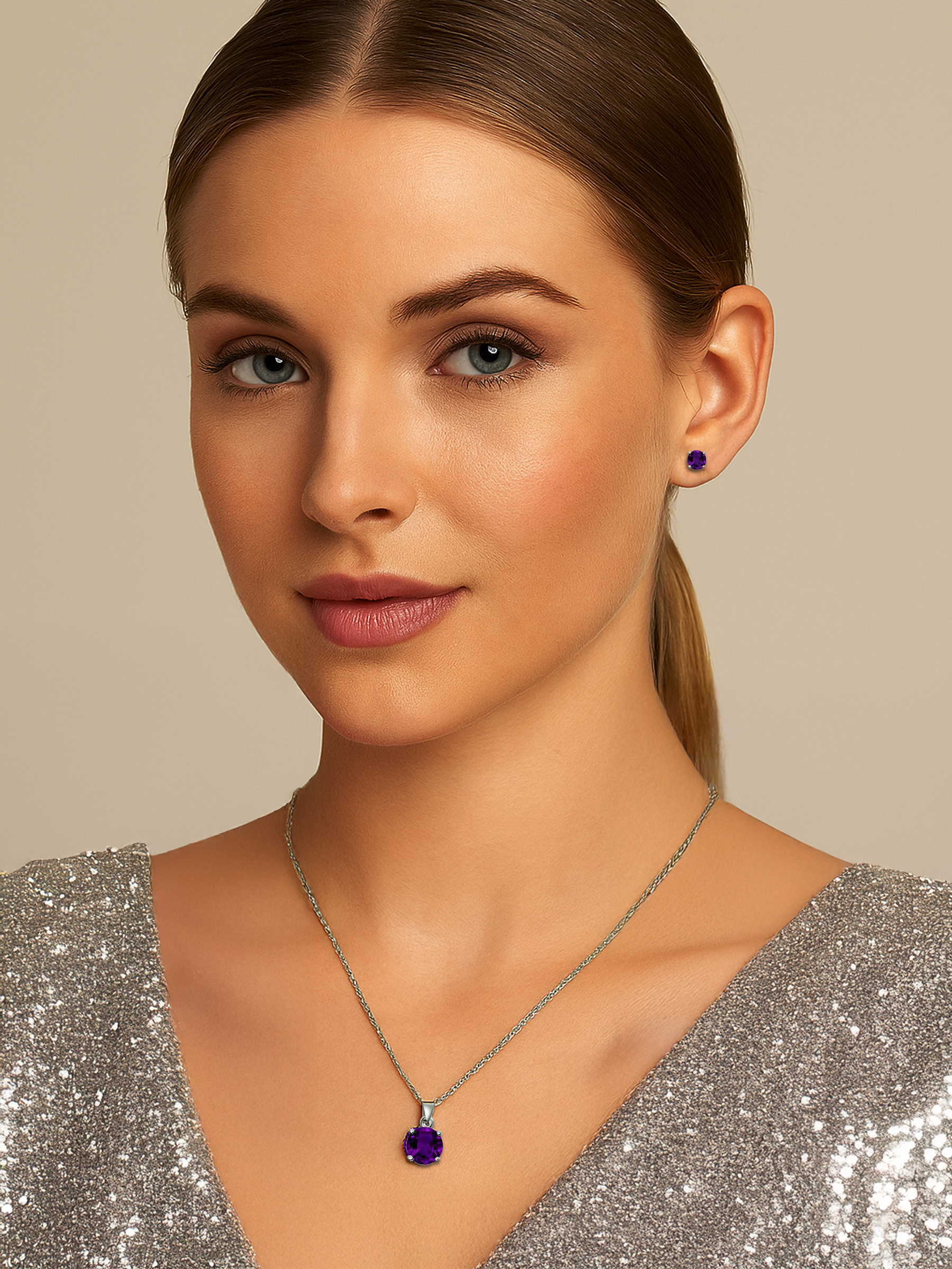 Woman model wearing 2ct Lab Grown Amethyst Purple Pendant Necklace