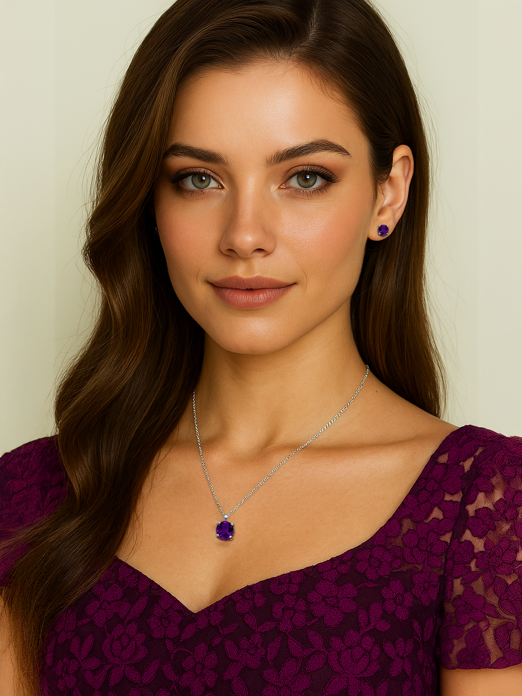 Woman model wearing 2ct Lab Grown Amethyst Purple Pendant Necklace