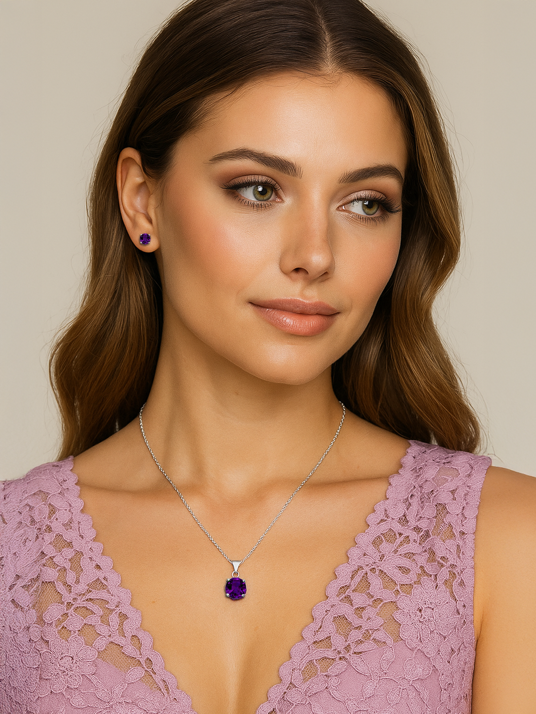 Woman model wearing 2ct Lab Grown Amethyst Purple Pendant Necklace