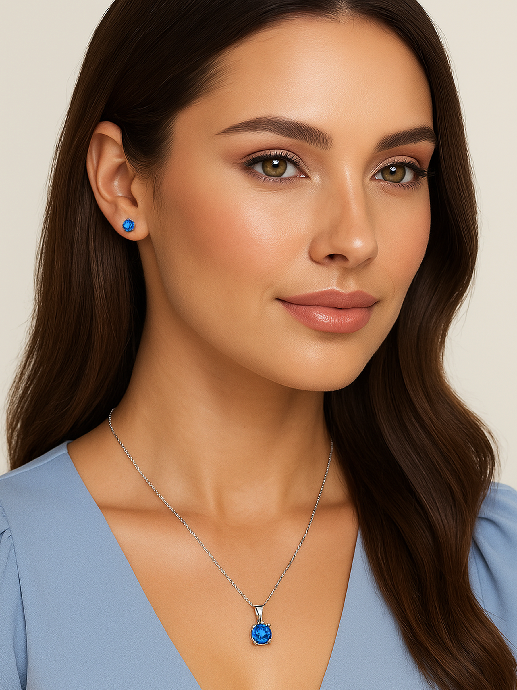 women model wearing 2ct Lab Grown Aquamarine Blue Sapphire Pendant Necklace