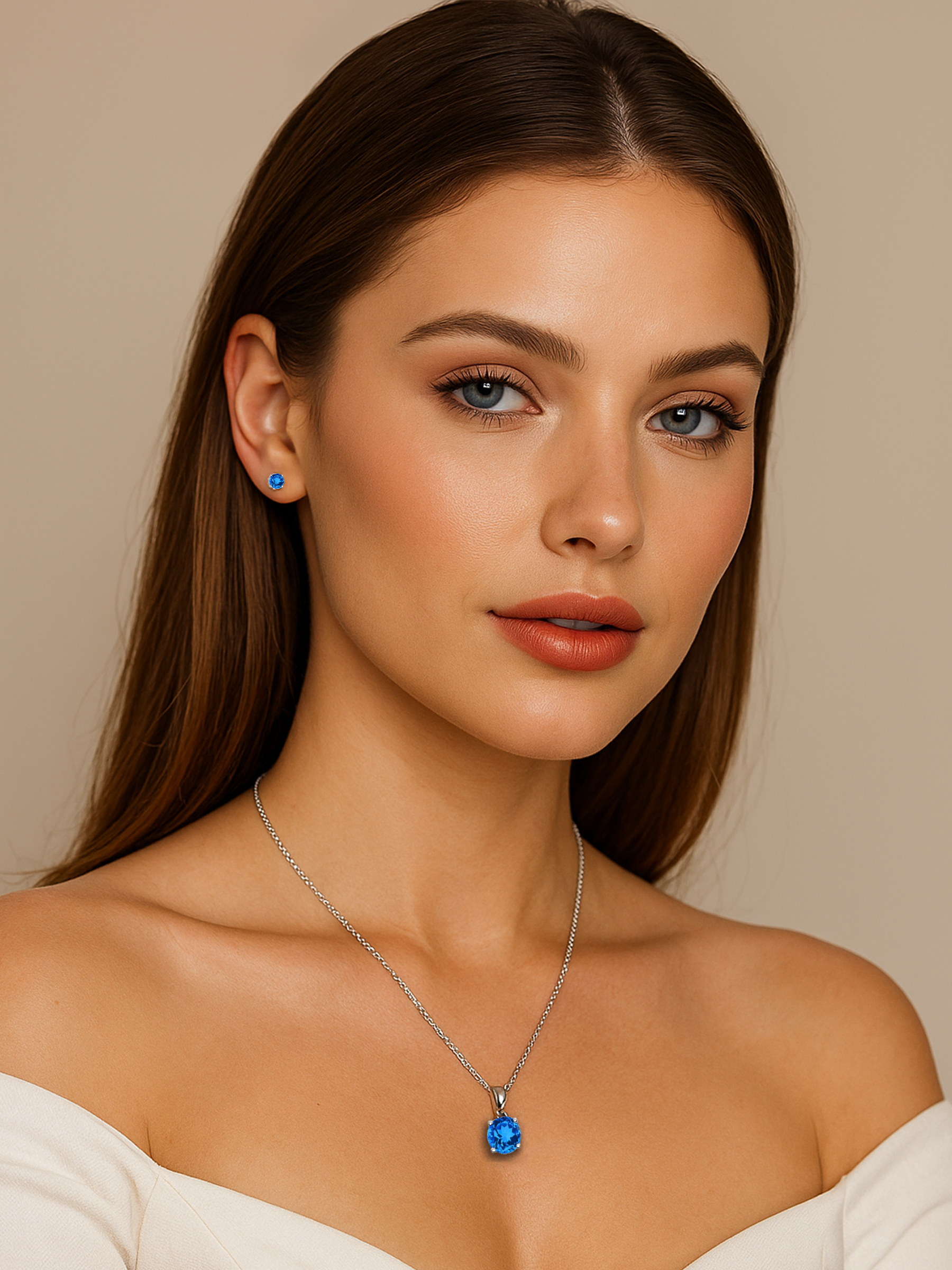 women model wearing 2ct Lab Grown Aquamarine Blue Sapphire Pendant Necklace