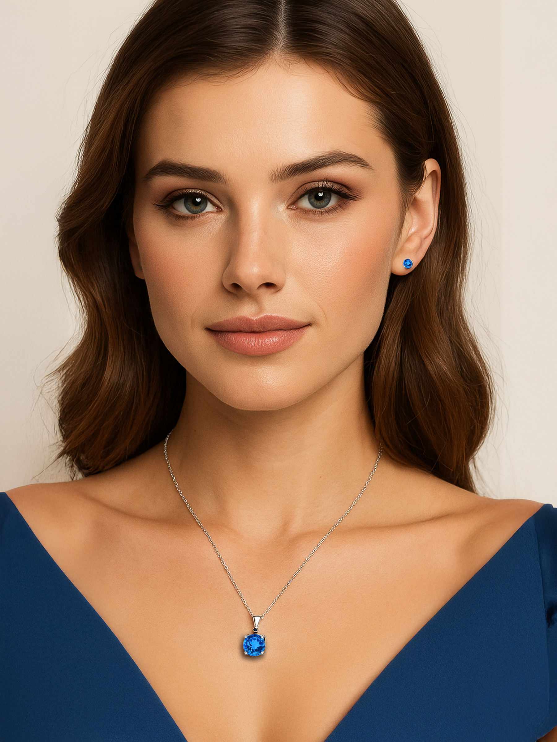women model wearing 2ct Lab Grown Aquamarine Blue Sapphire Pendant Necklace