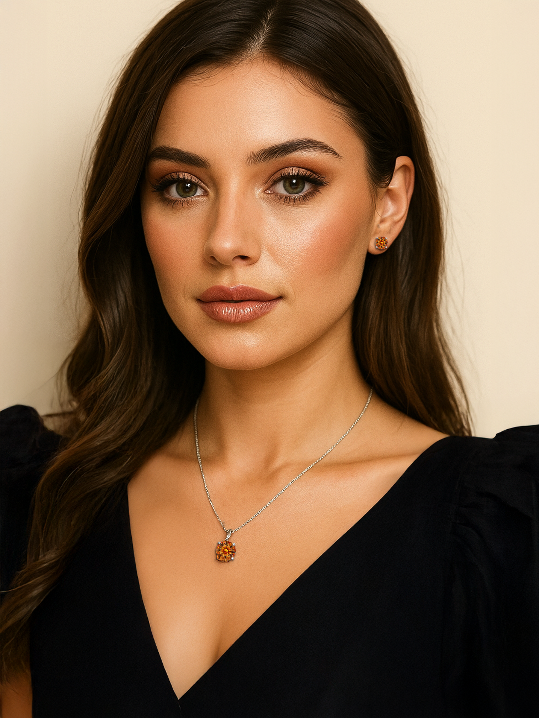 Woman model wearing an 2ct Lab Grown Yellow Topaz Pendant Necklace