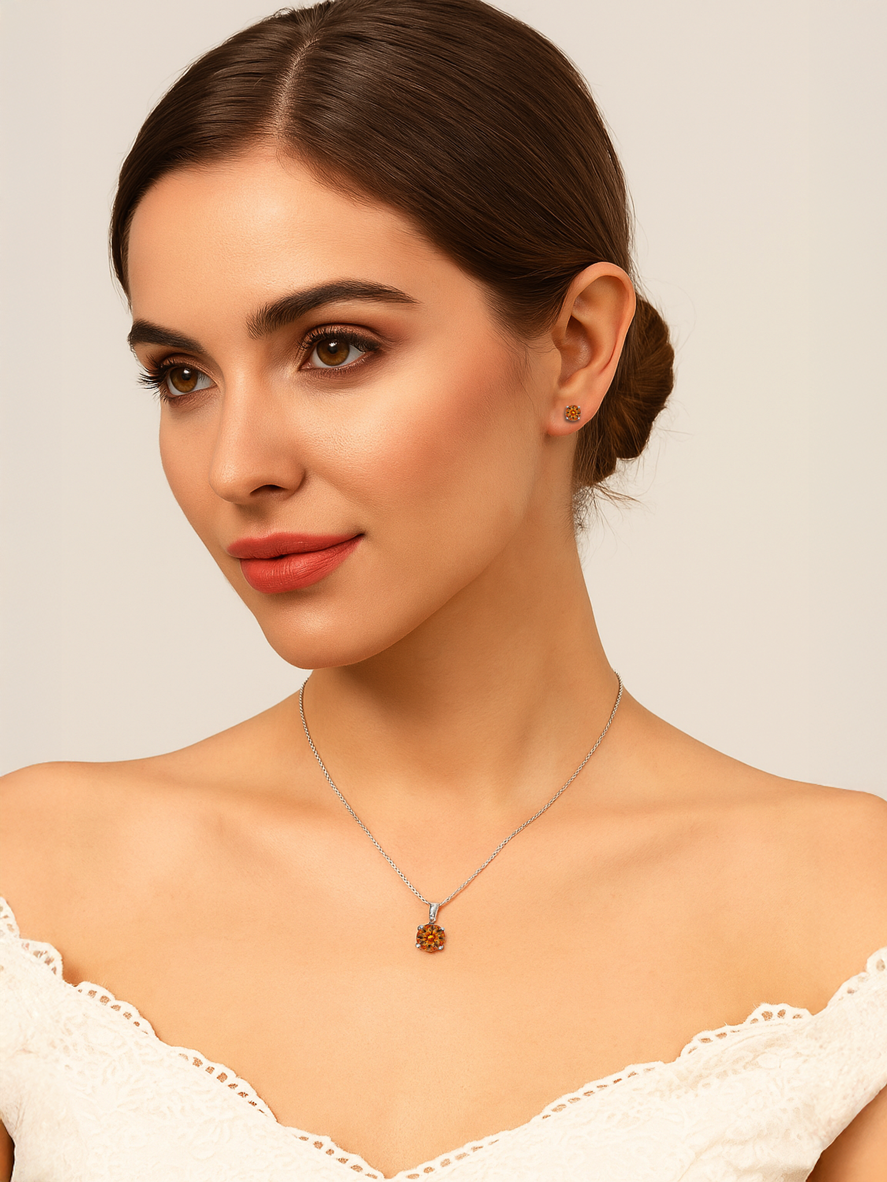 Woman model wearing an 2ct Lab Grown Yellow Topaz Pendant Necklace