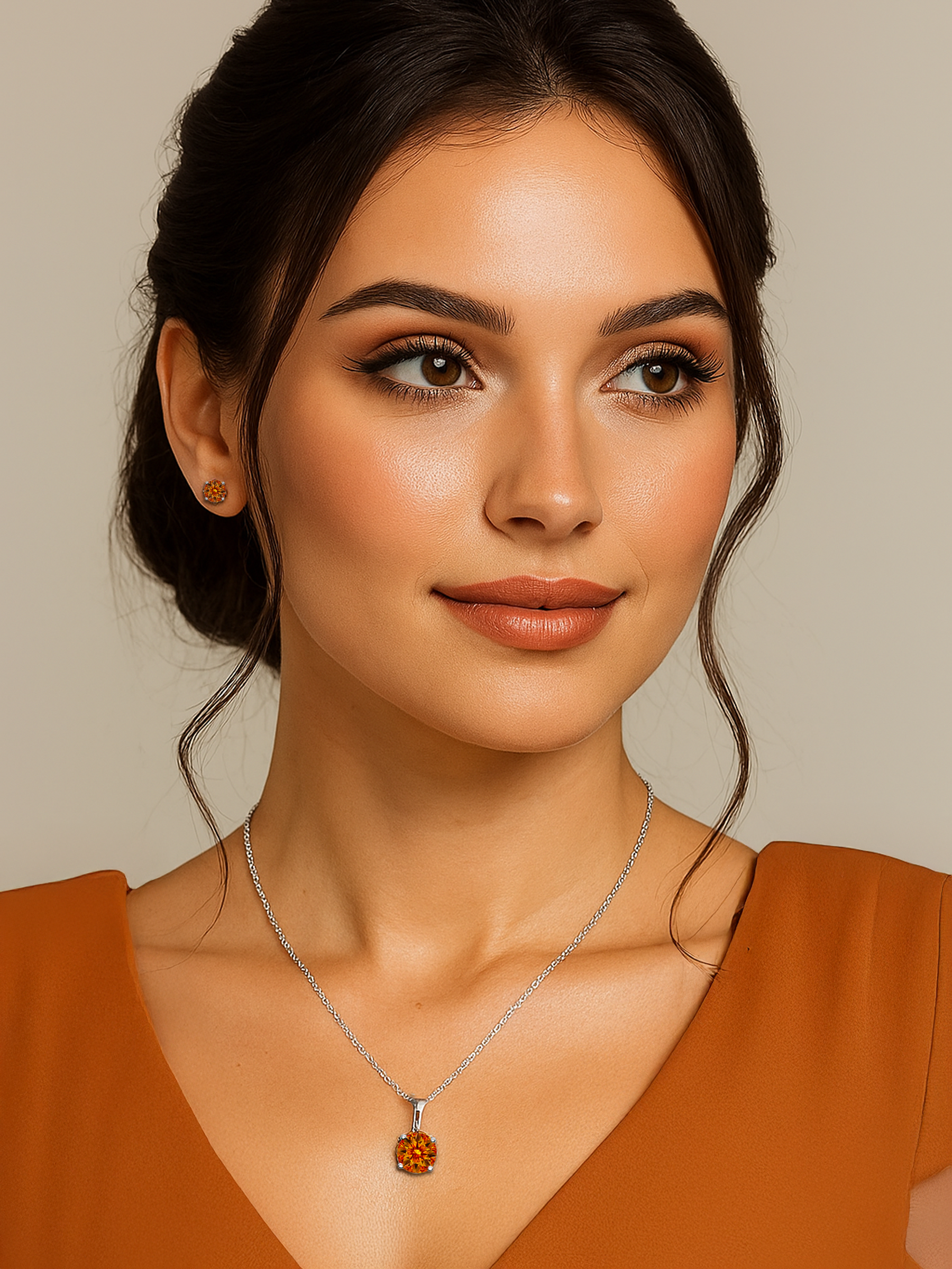 Woman model wearing an 2ct Lab Grown Yellow Topaz Pendant Necklace