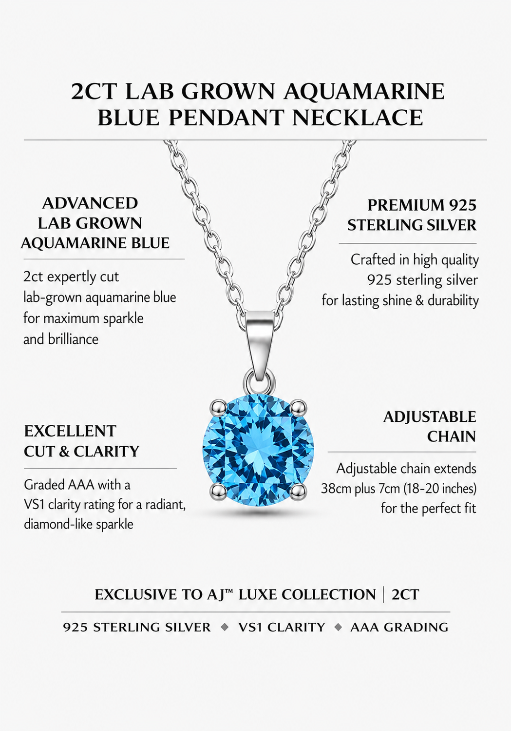 2ct Lab Grown Aquamarine Blue Sapphire Pendant Necklace