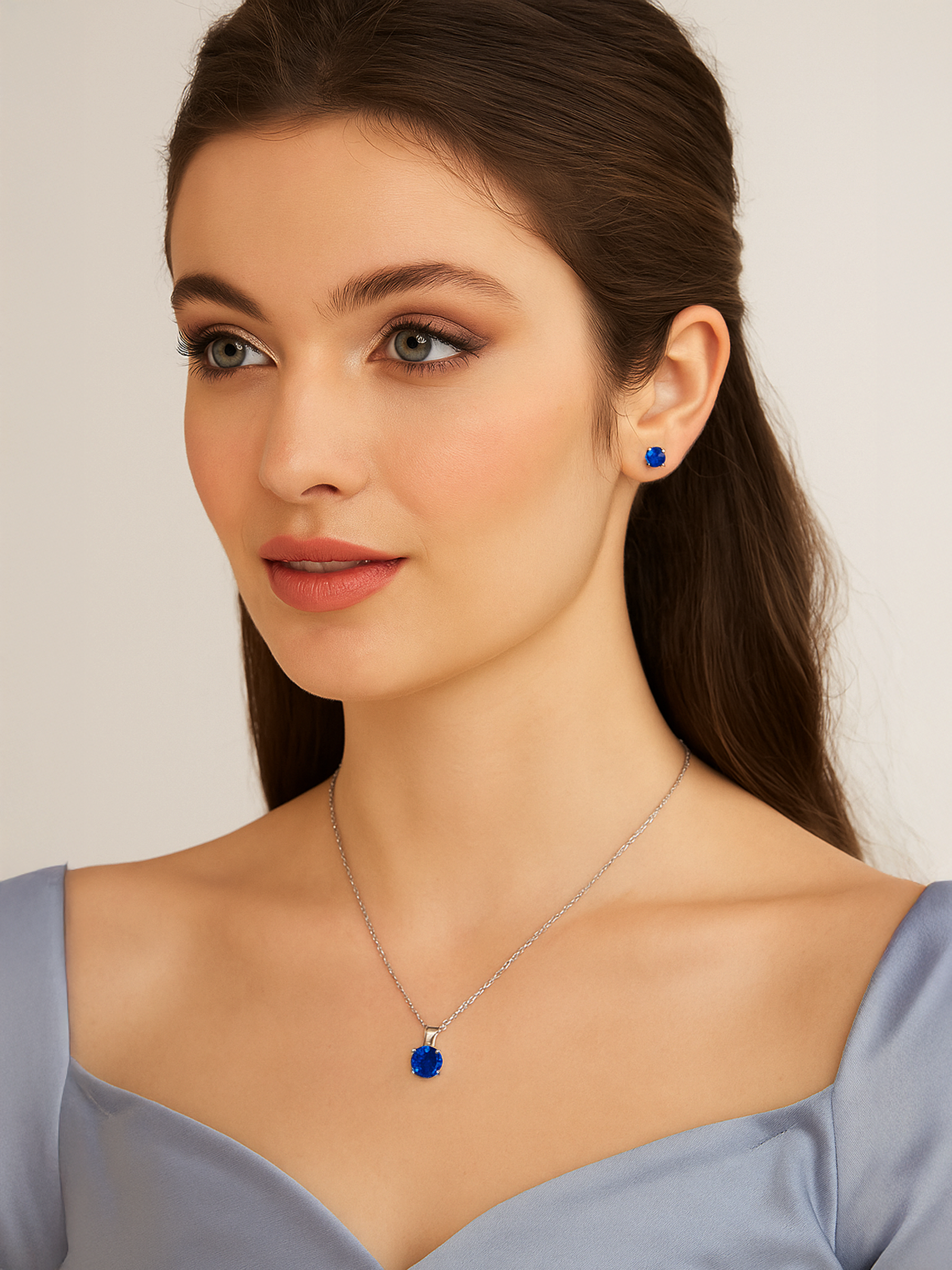 women wearing 2ct Lab Grown Blue Sapphire Pendant Necklace