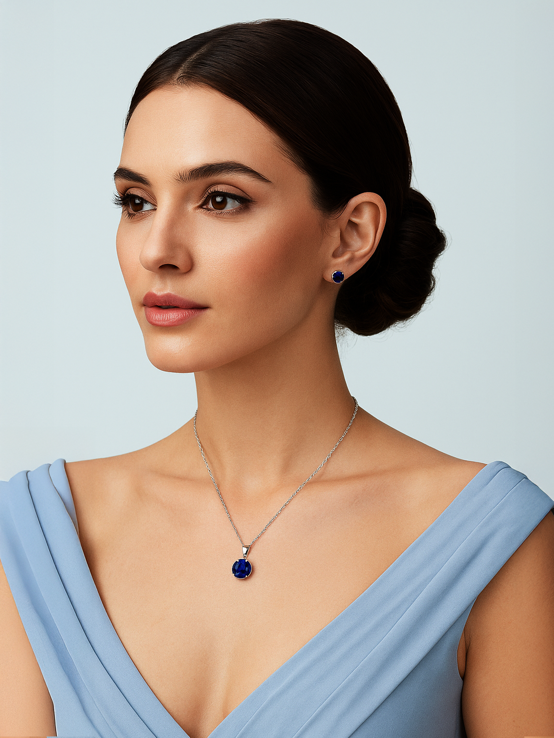women wearing 2ct Lab Grown Blue Sapphire Pendant Necklace