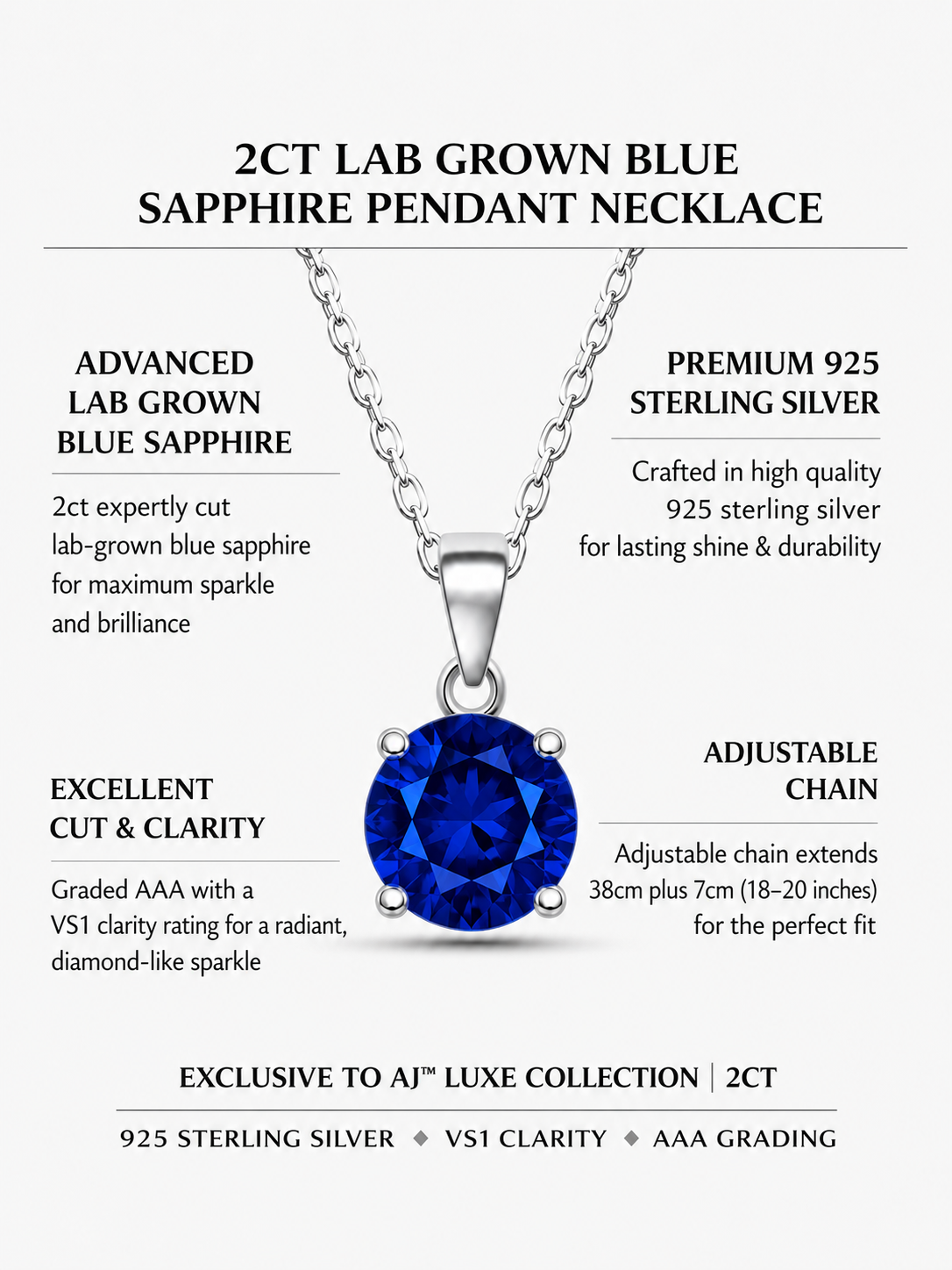 2ct Lab Grown Blue Sapphire Pendant Necklace