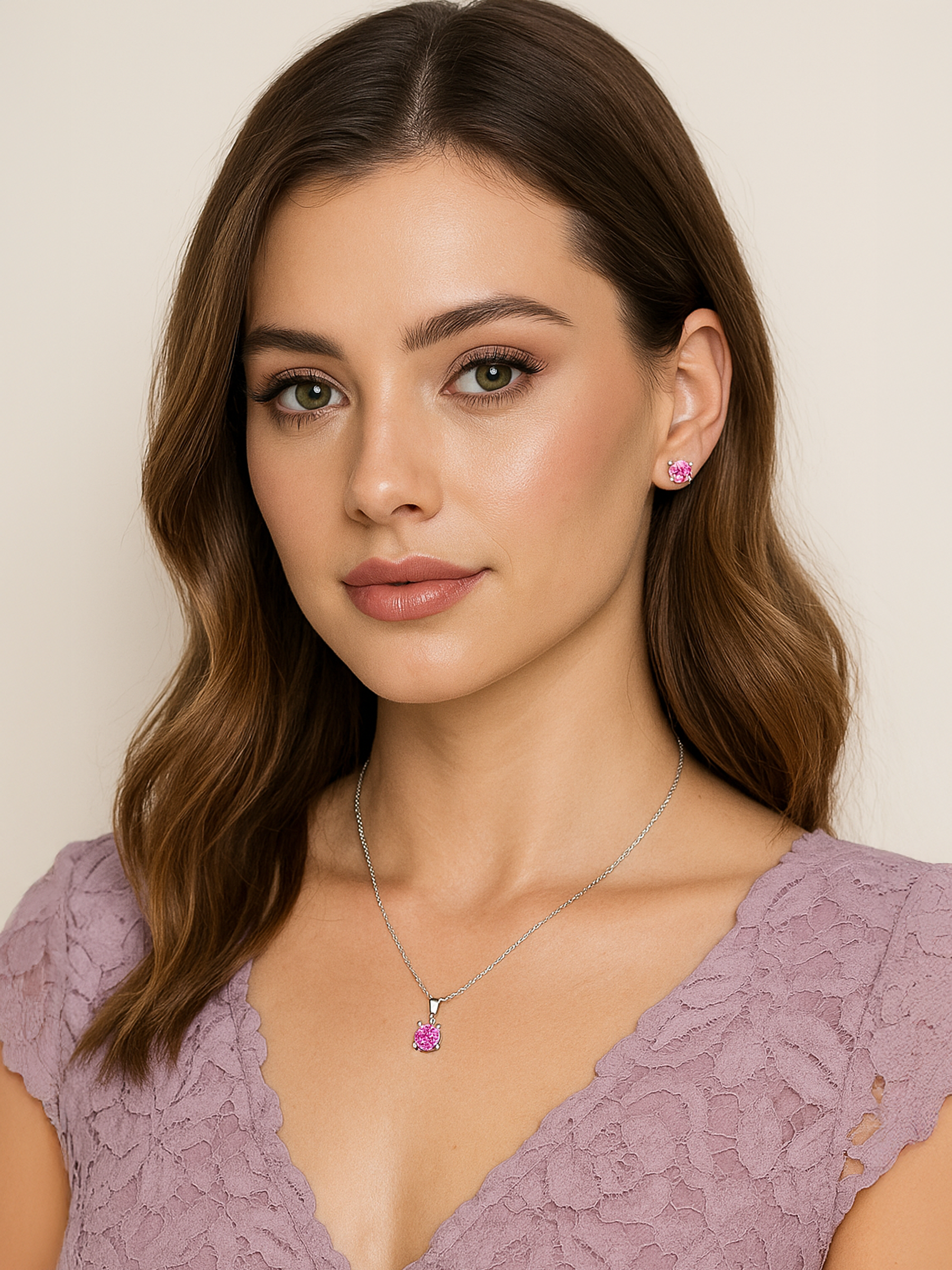 Woman wearing 2ct Lab Grown Pink Sapphire Pendant Necklace
