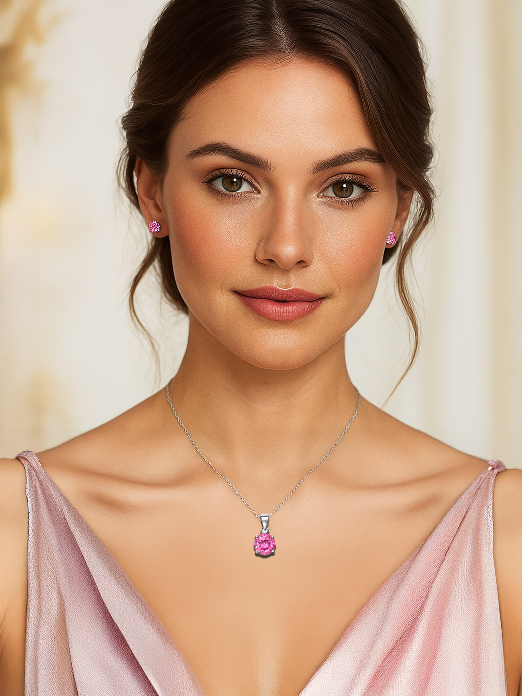 Woman wearing 2ct Lab Grown Pink Sapphire Pendant Necklace