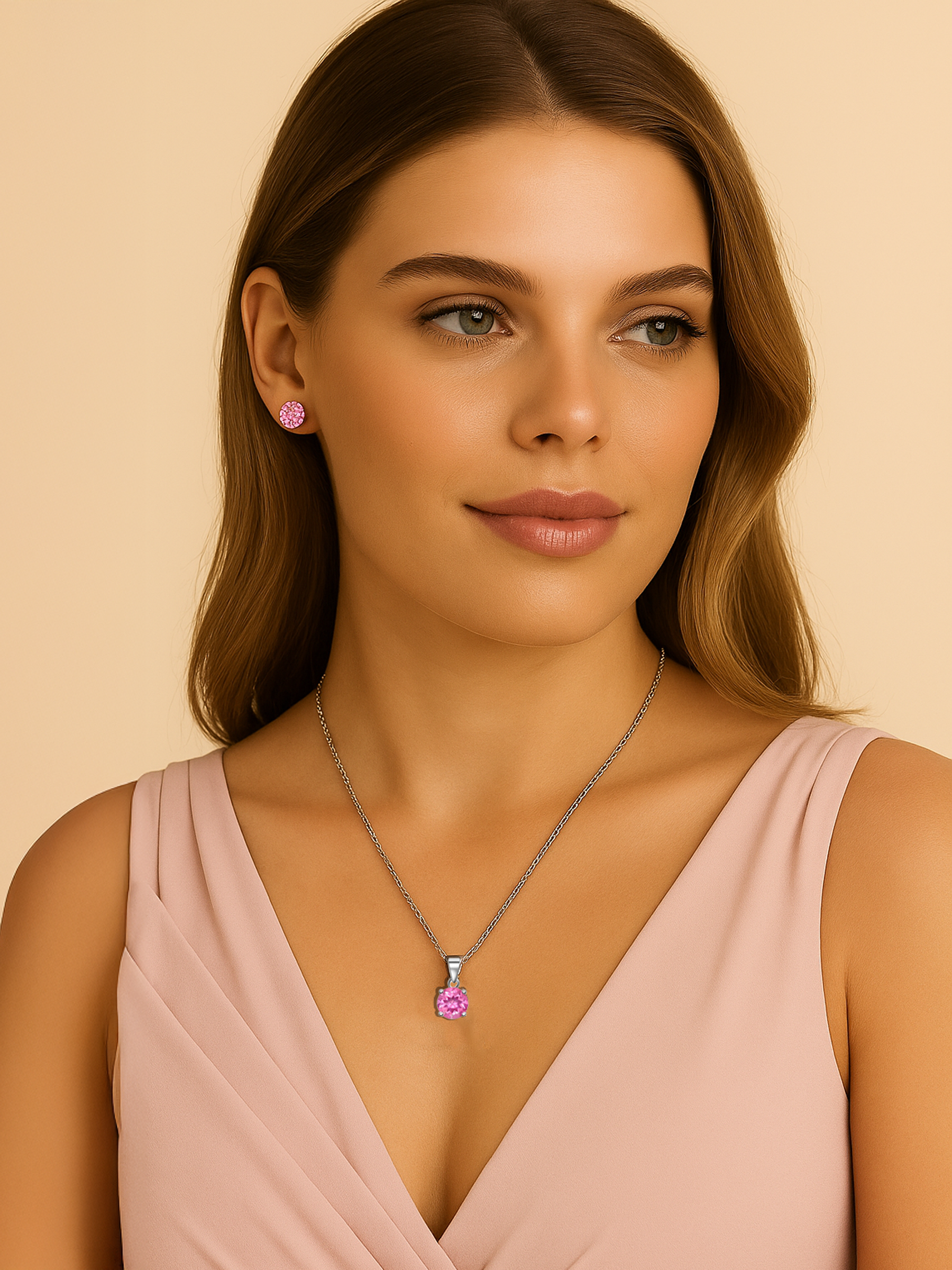 Woman wearing 2ct Lab Grown Pink Sapphire Pendant Necklace