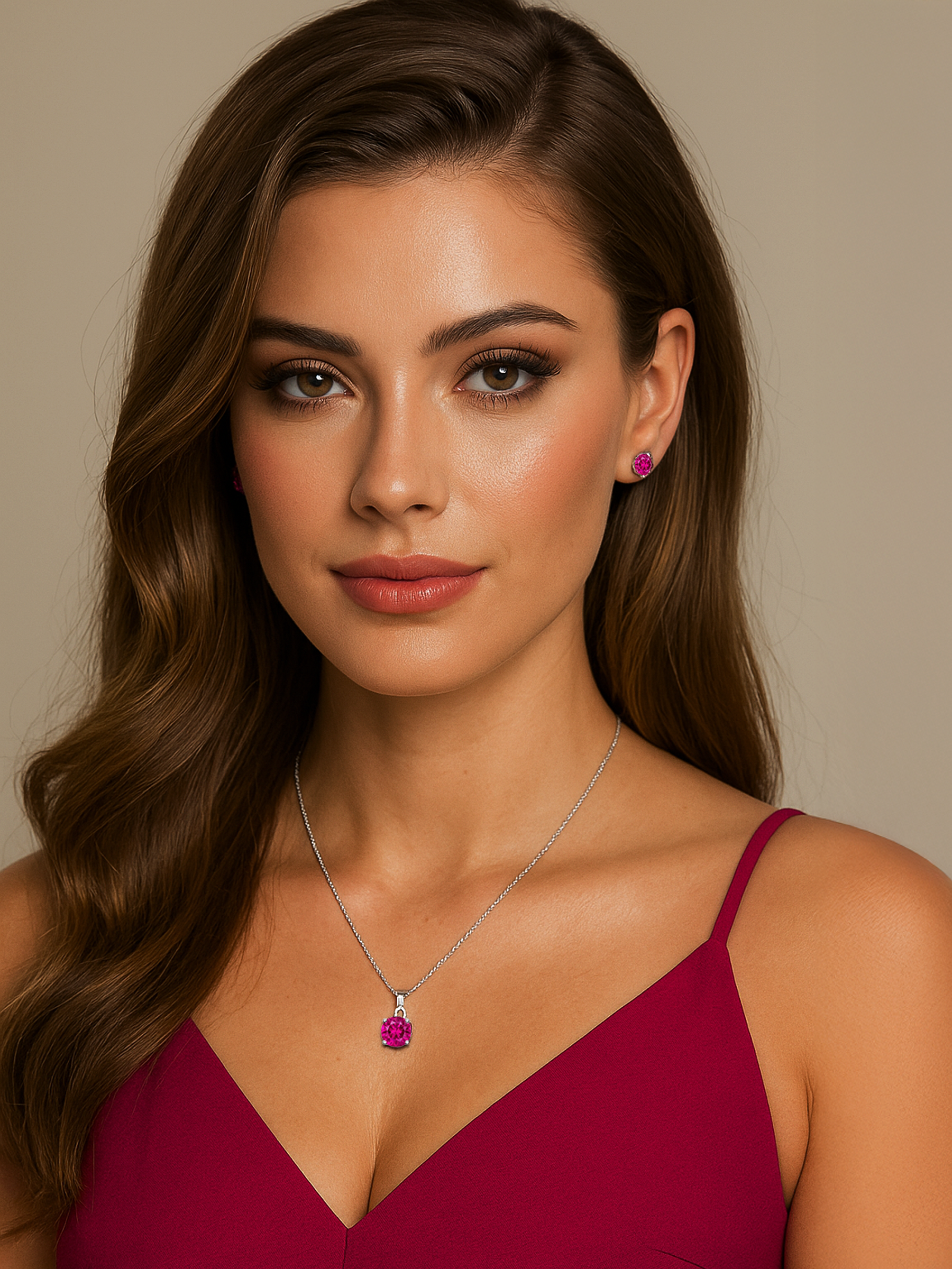 women wearing 2ct Lab Grown Rose Pink Tourmaline Pendant Necklace