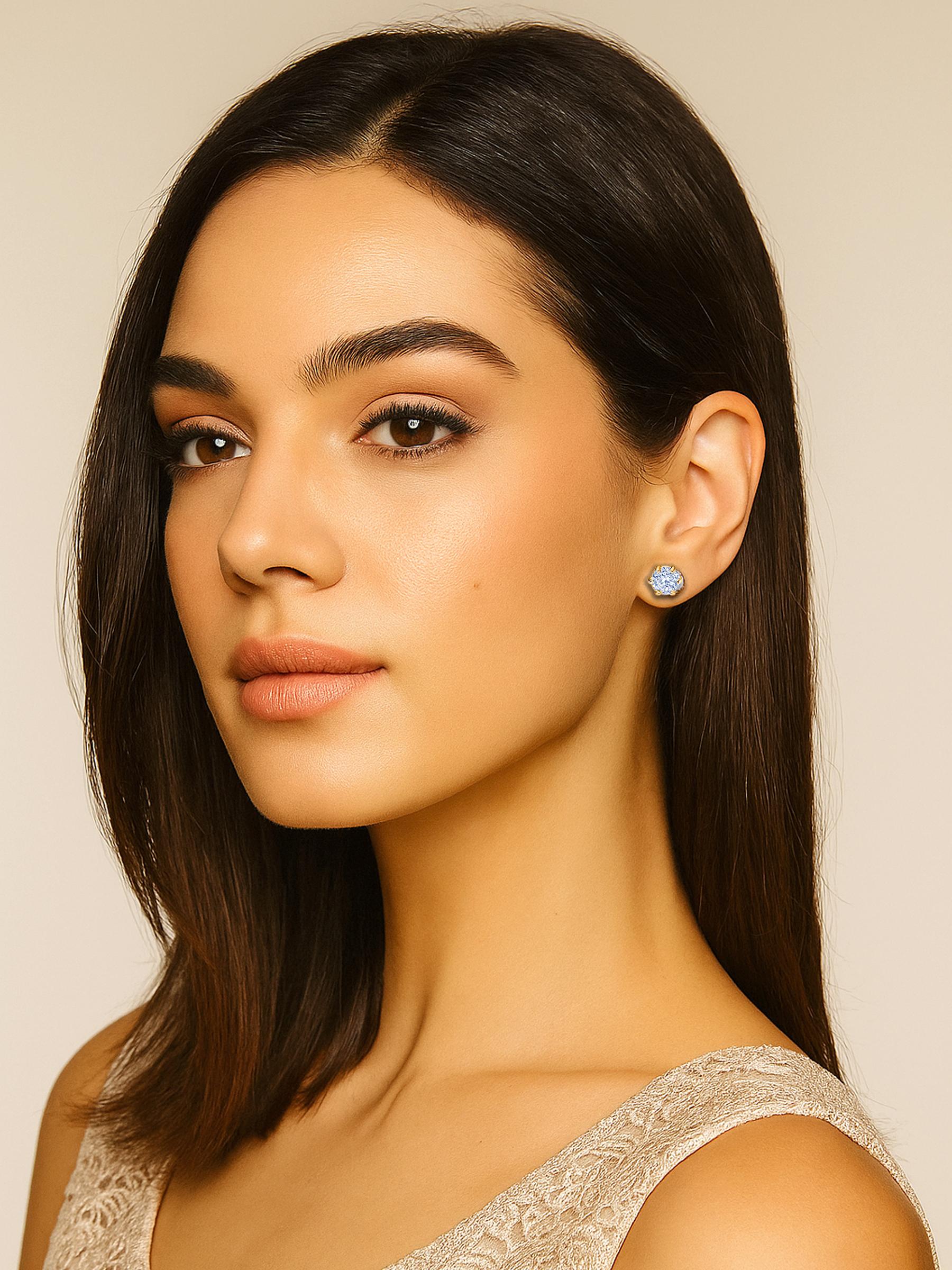 White Sapphire Stud Earrings Gold Tone Plated
