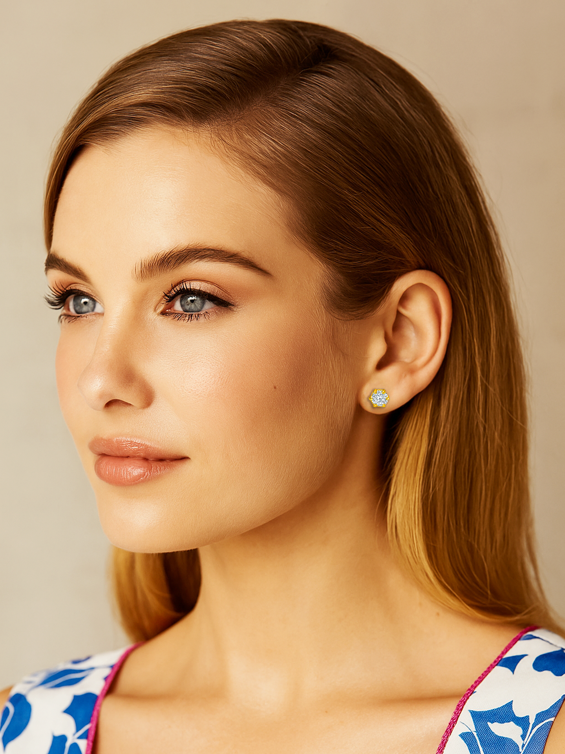 White Sapphire Stud Earrings Gold Tone Plated