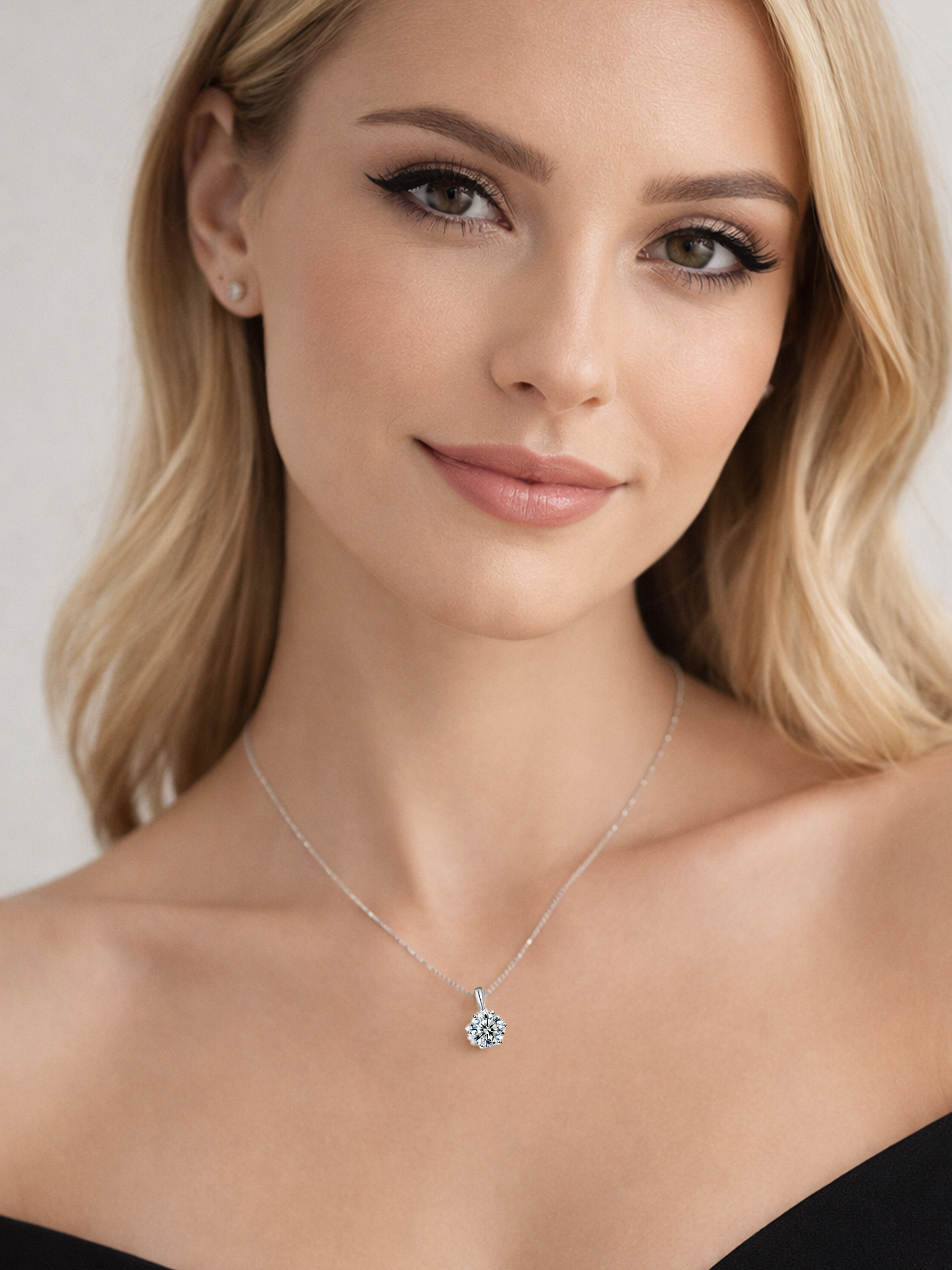 Woman wearing a 2Ct Round Lab Diamond Moissanite Pendant Necklace
