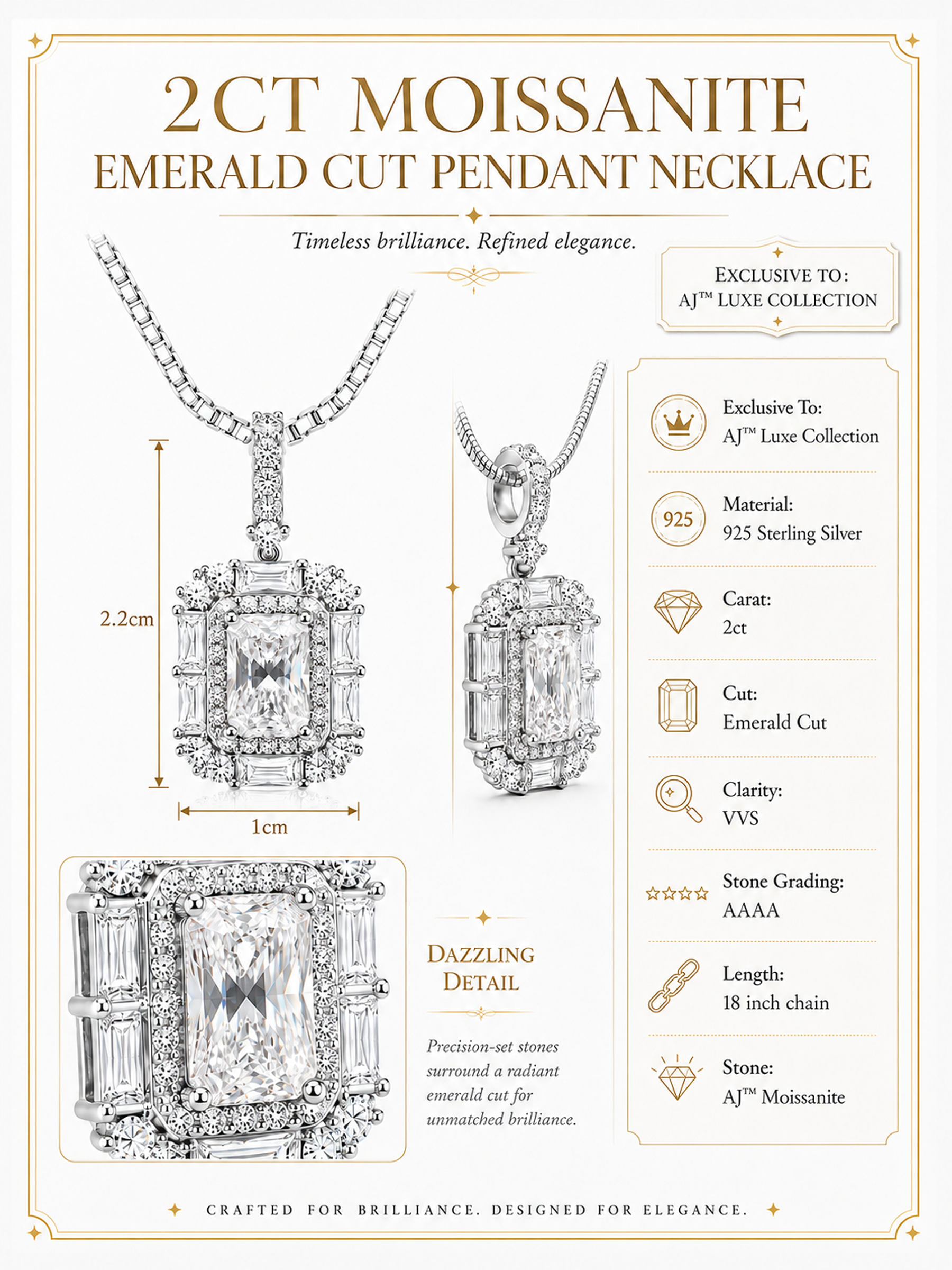2Ct Moissanite Emerald Cut Pendant Necklace