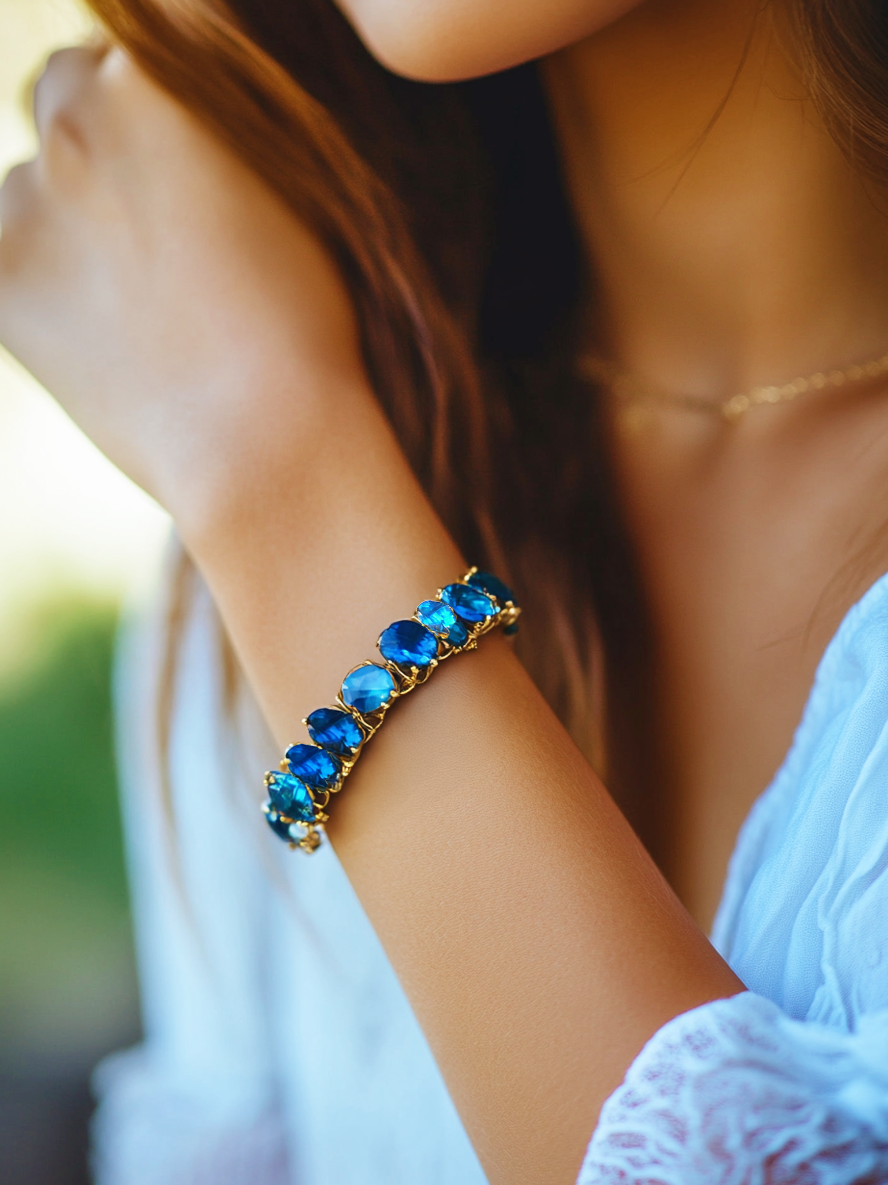 Blue Sapphire Bracelet Mixed Cut Gold Tone Plated