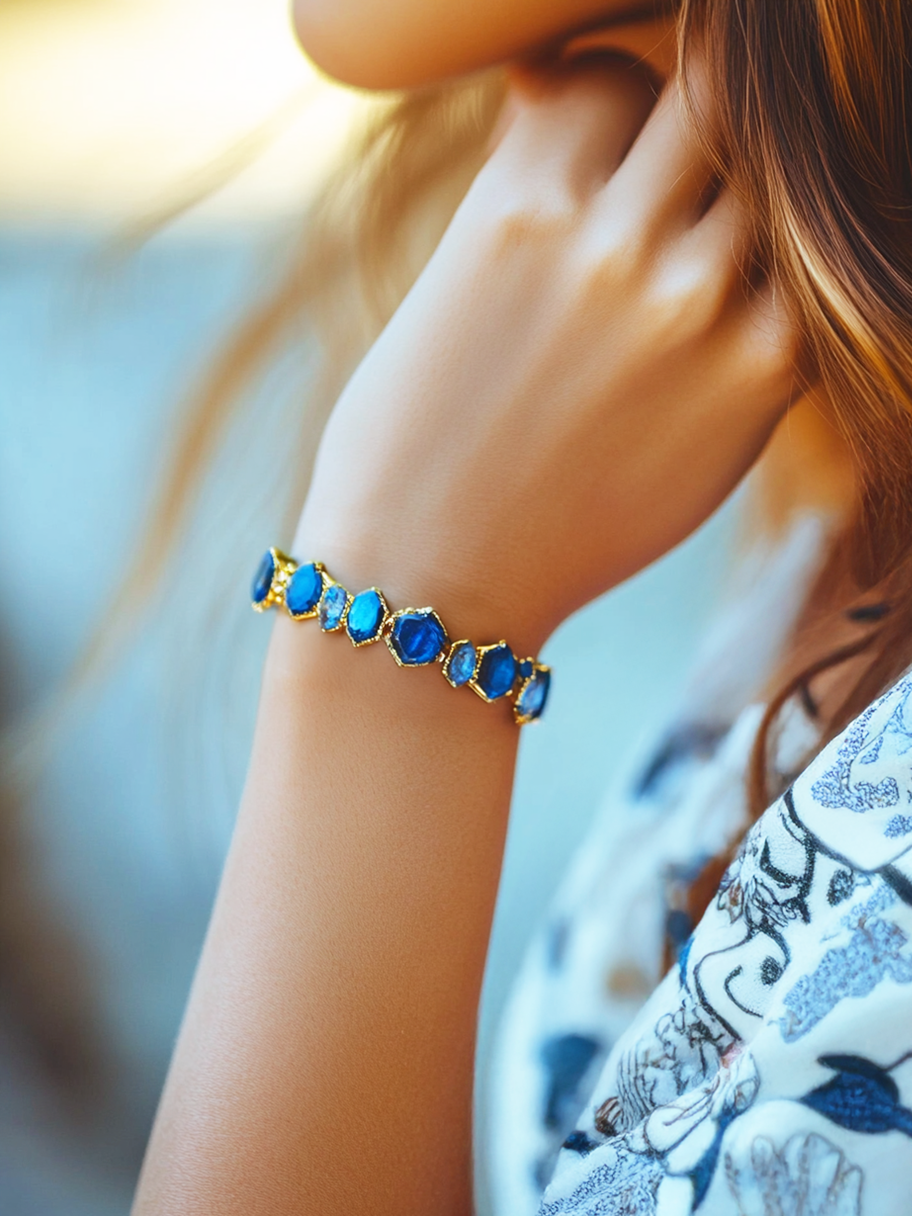 Blue Sapphire Bracelet Mixed Cut Gold Tone Plated