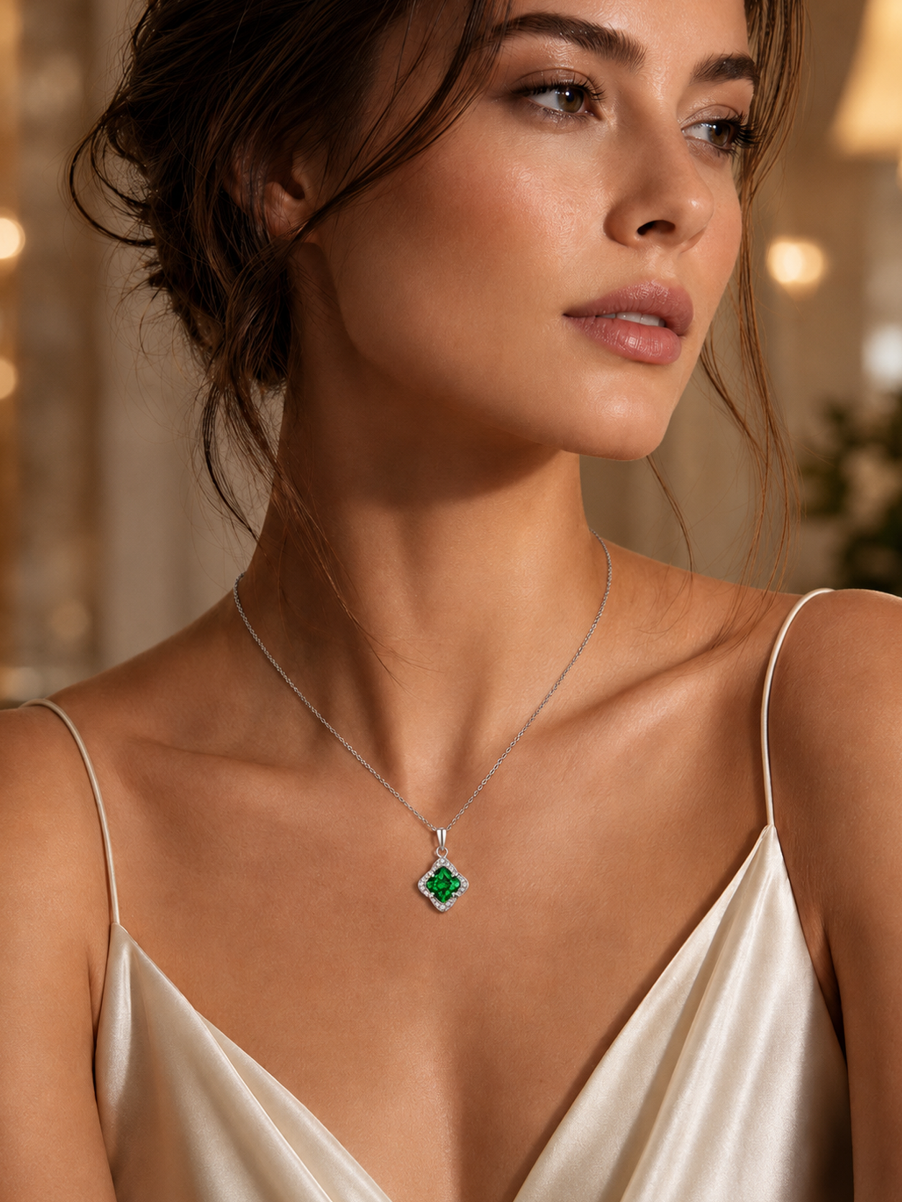 Woman wearing a 1.5Ct Lab Emerald Clover Pendant Necklace