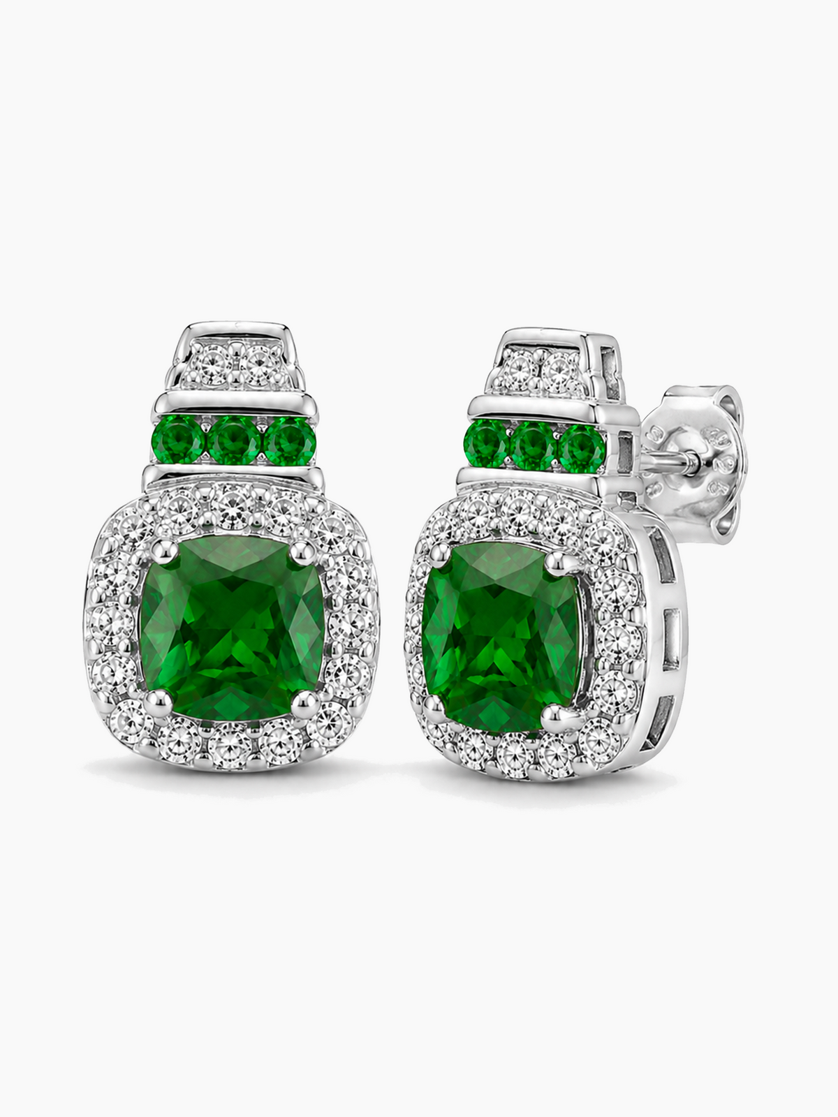 Emerald Green Cushion Cut Halo Stud Earrings