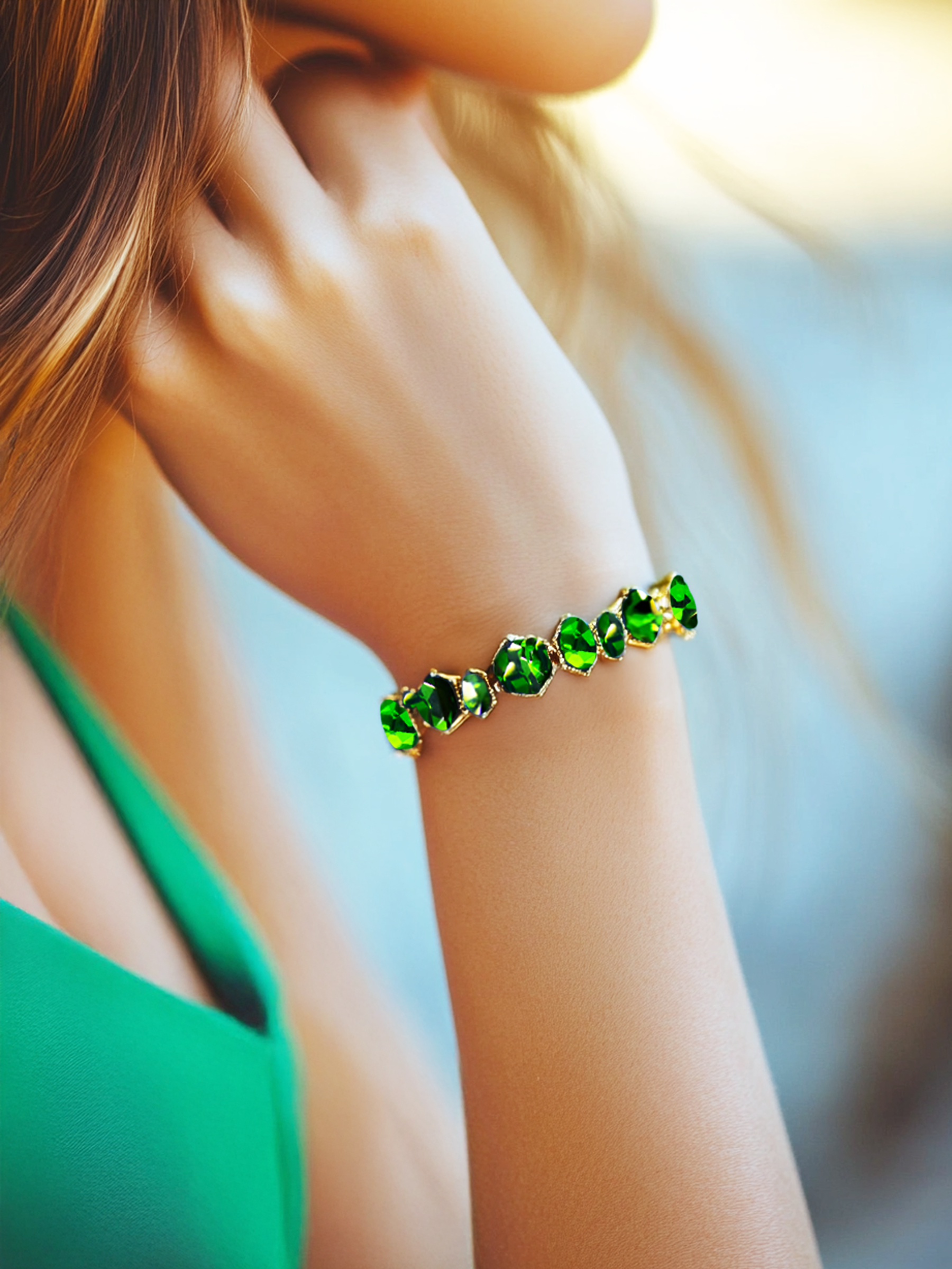 Emerald Tennis Bracelet Mixed Cut, Green Stones Gold Tone Plated