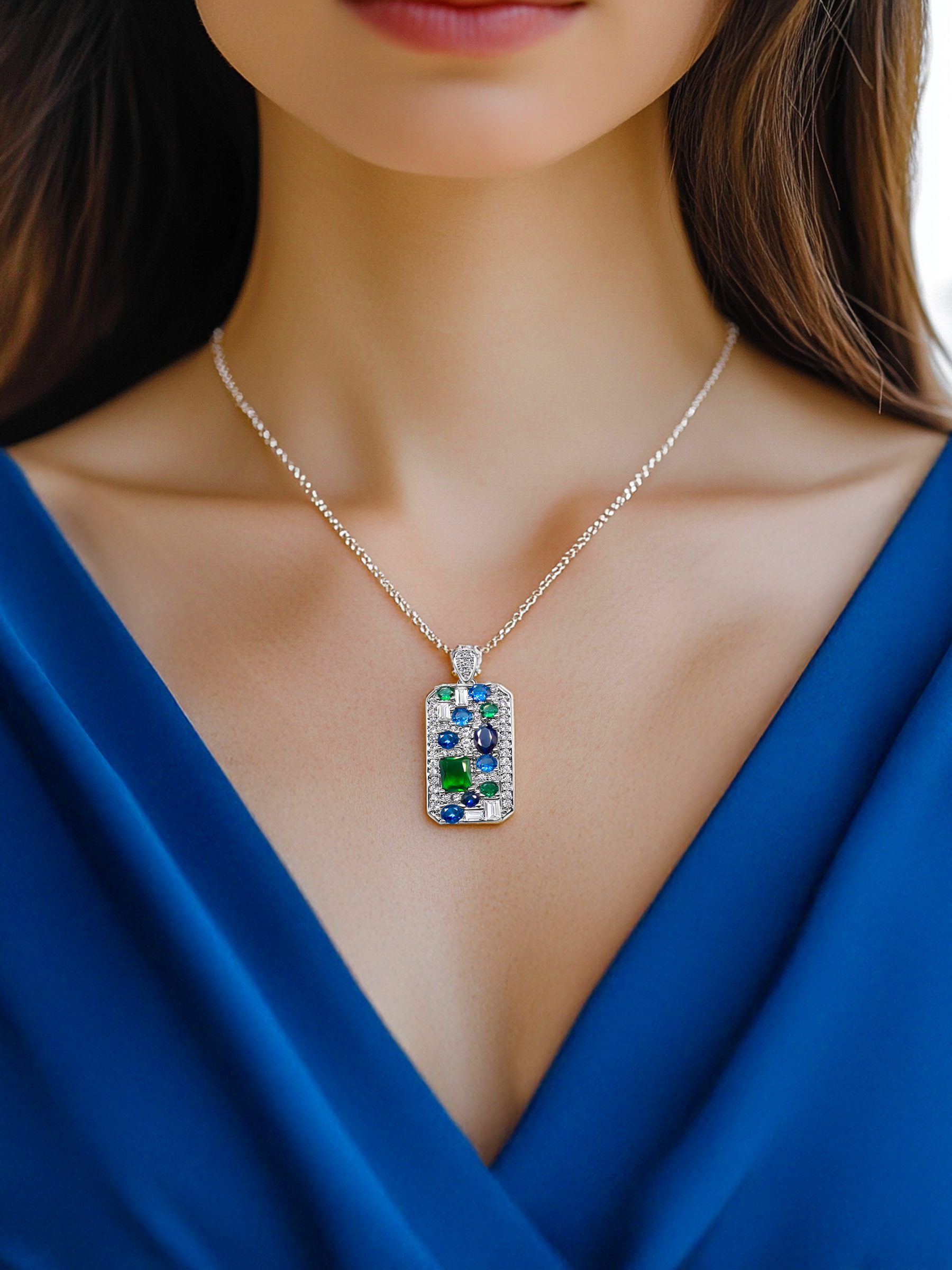 Emerald and Sapphire Pendant 18K White Gold Plated Necklace for Women