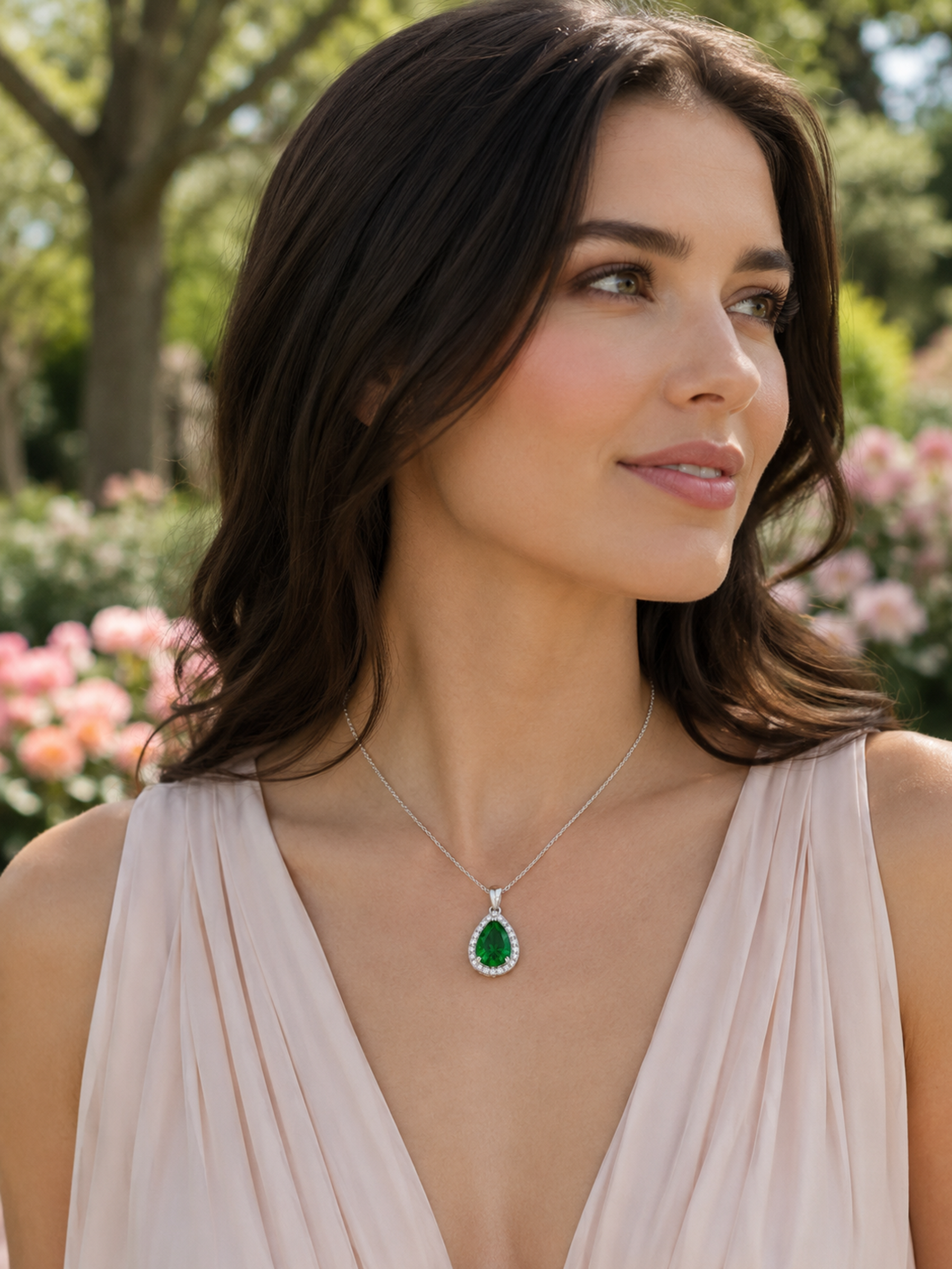 Woman wearing a necklace with a 1Ct Lab Grown Emerald Pear Cut Pendant Necklace