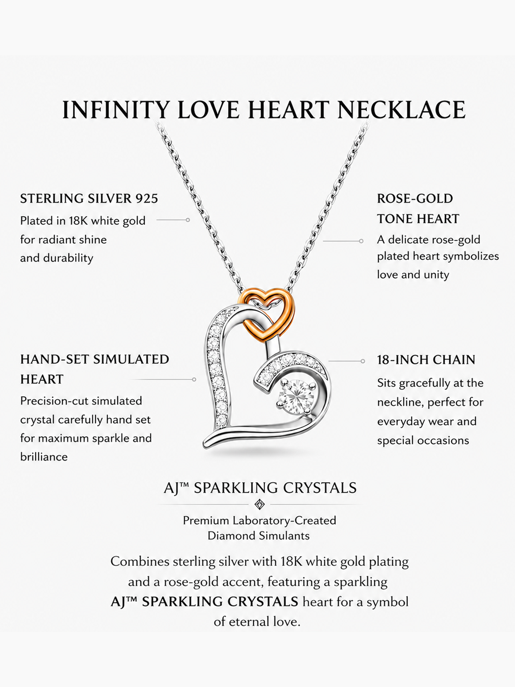 18K White Gold Plated Infinity Love Heart Necklace