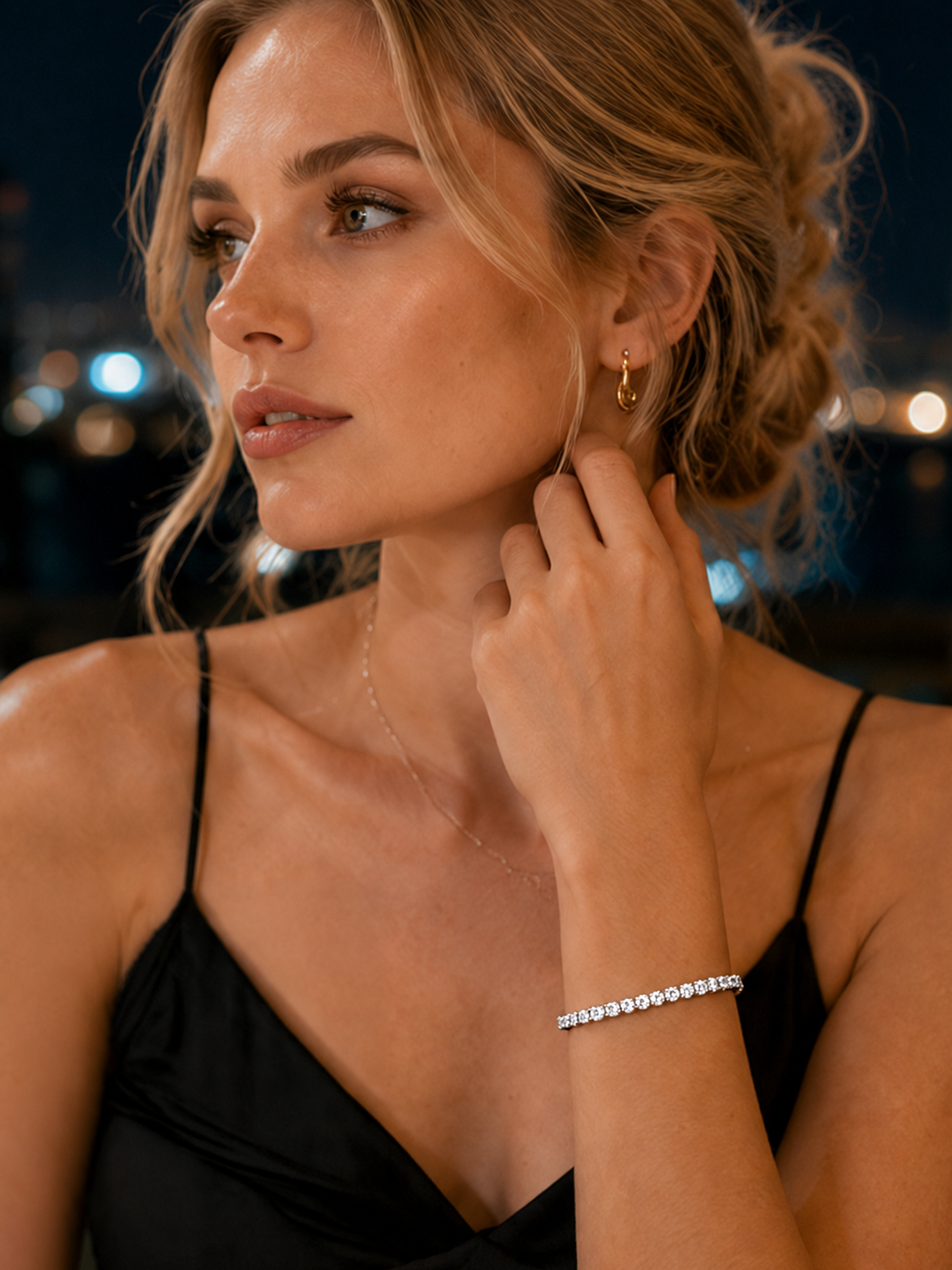 A woman wearing a 5Ct Moissanite Tennis Bracelet Sterling Silver