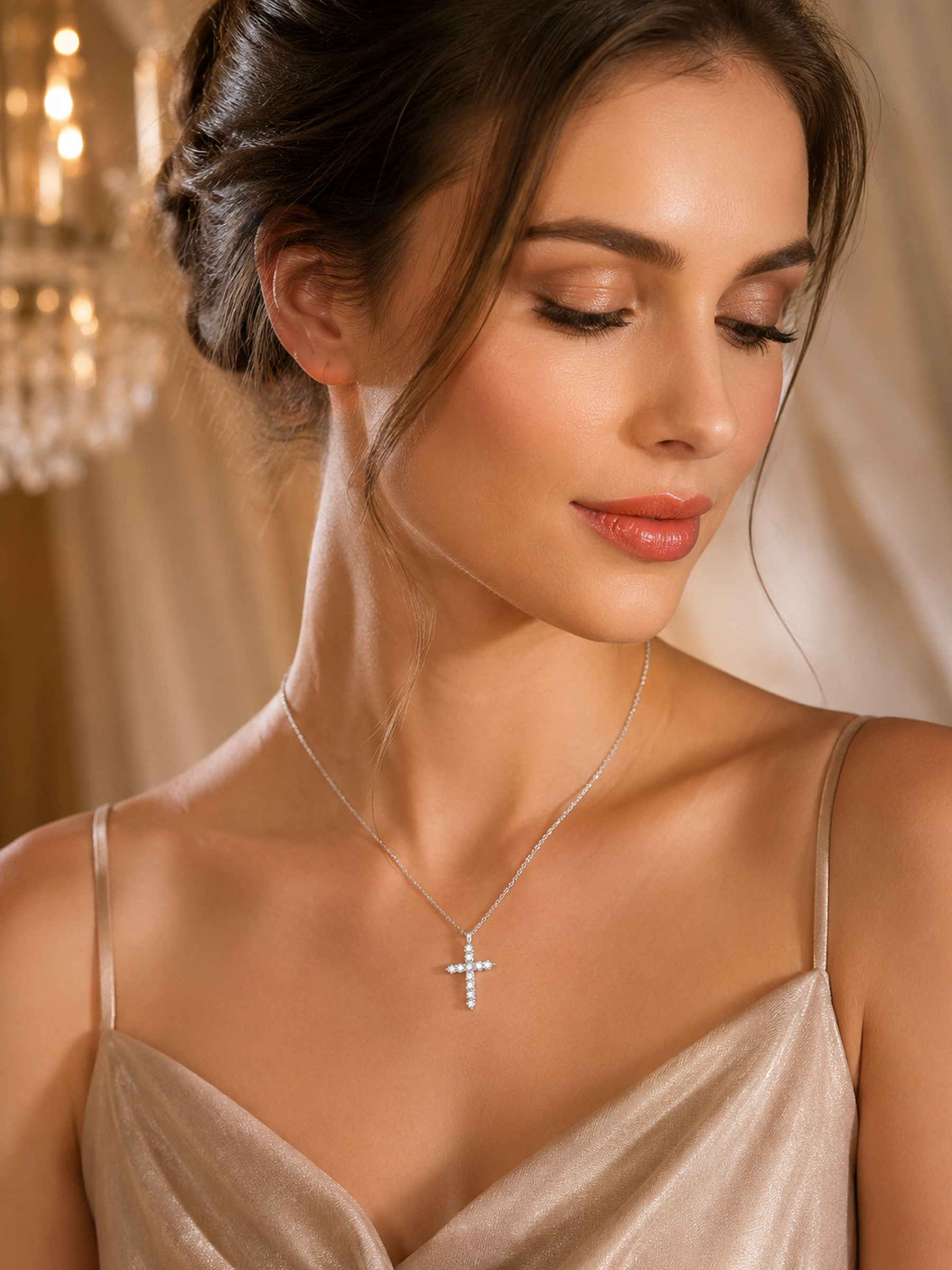 Woman wearing a Sparkling Lab Diamond Moissanite Cross Necklace
