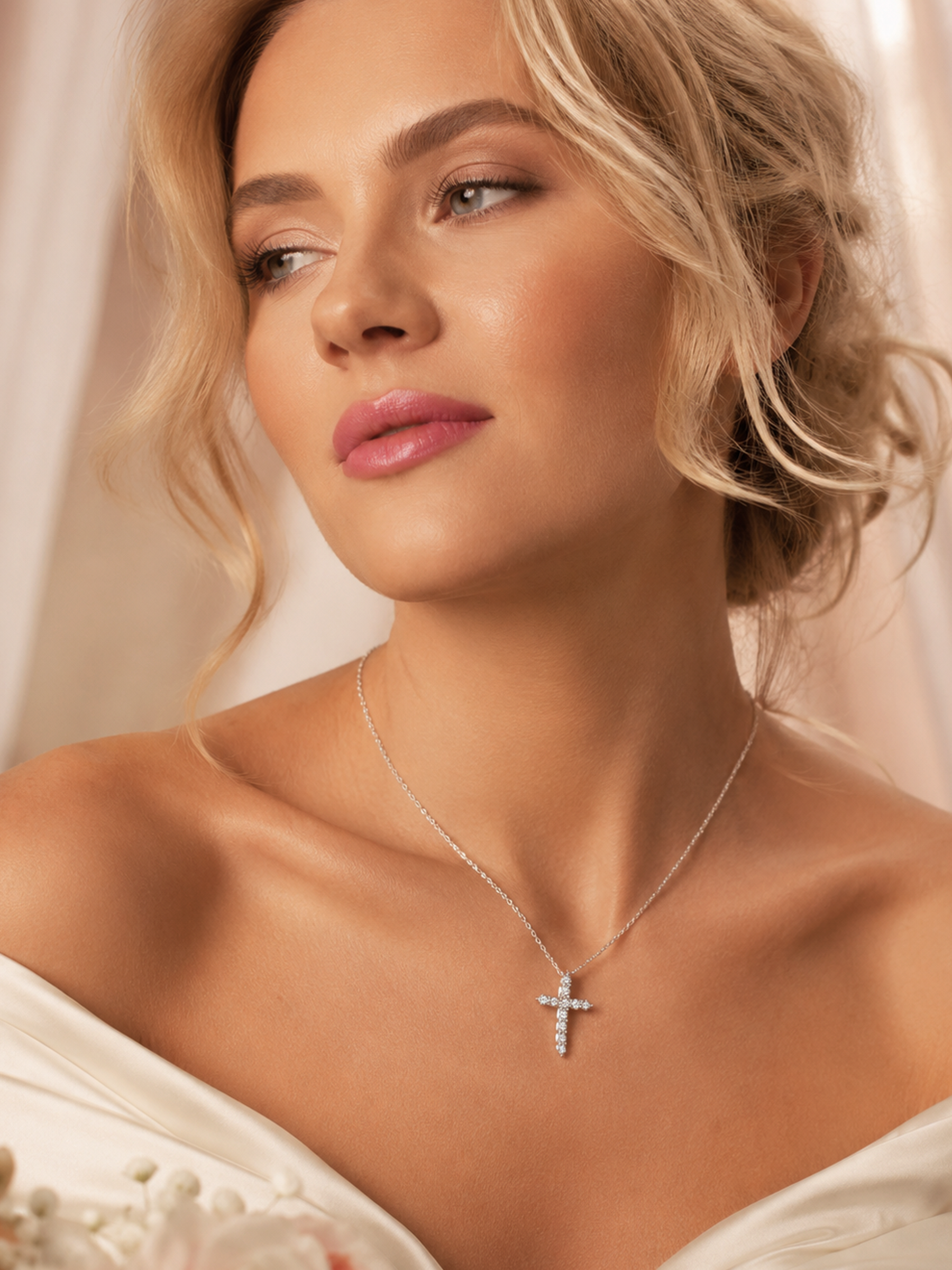 Woman wearing a Sparkling Lab Diamond Moissanite Cross Necklace
