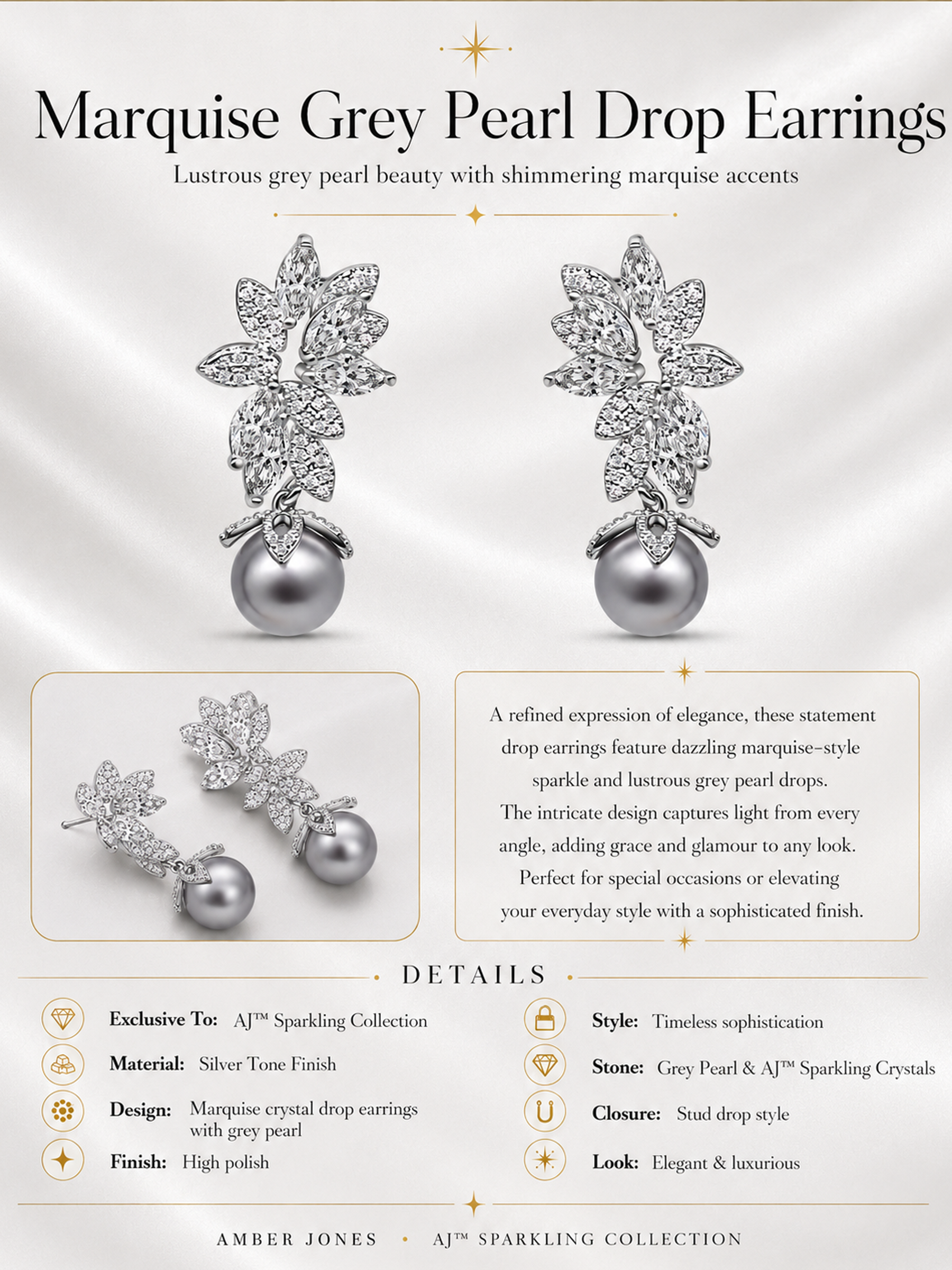 Marquise Grey Pearl Drop Earrings