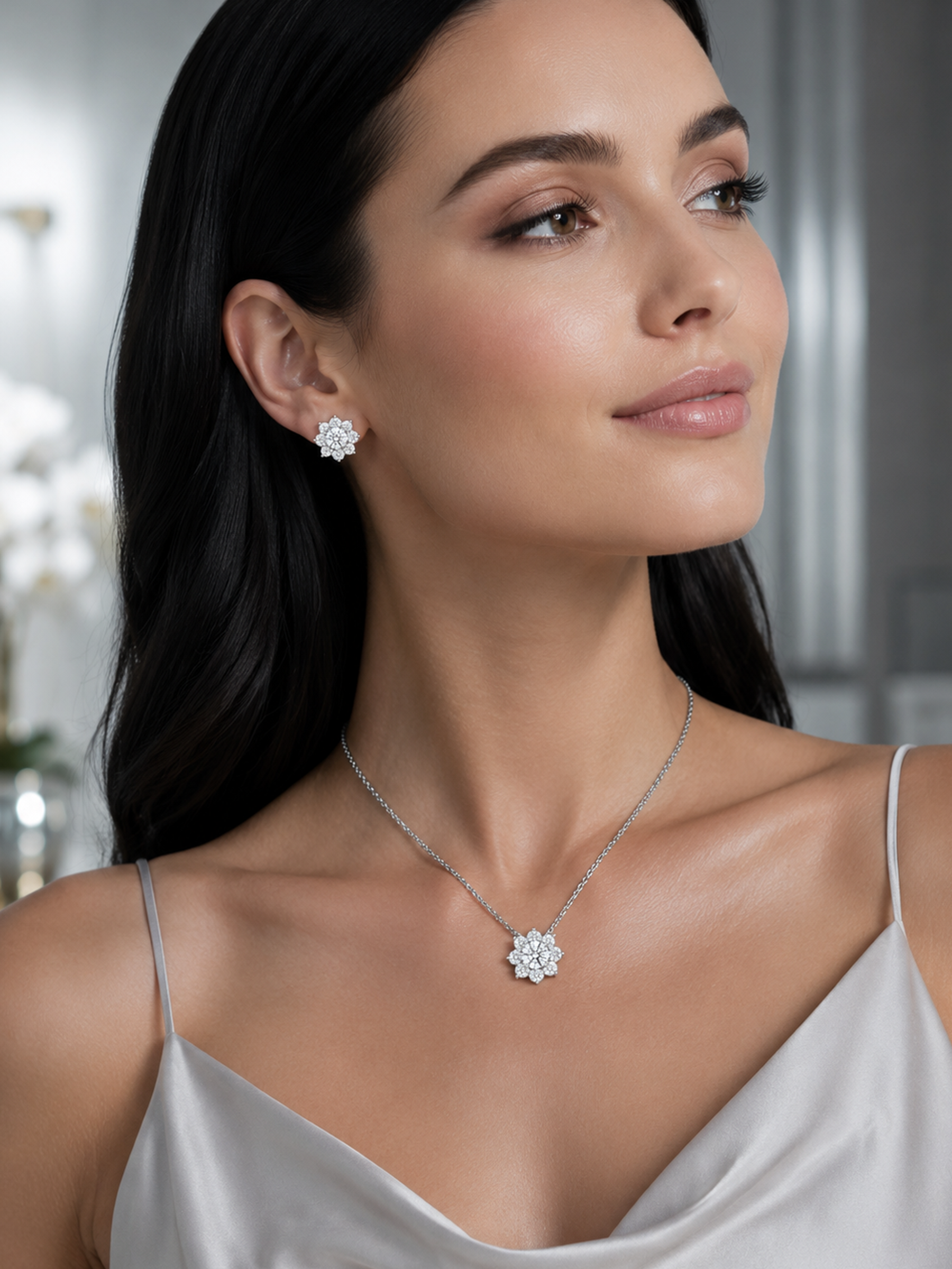 Woman wearing a Flower Moissanite Diamond Necklace