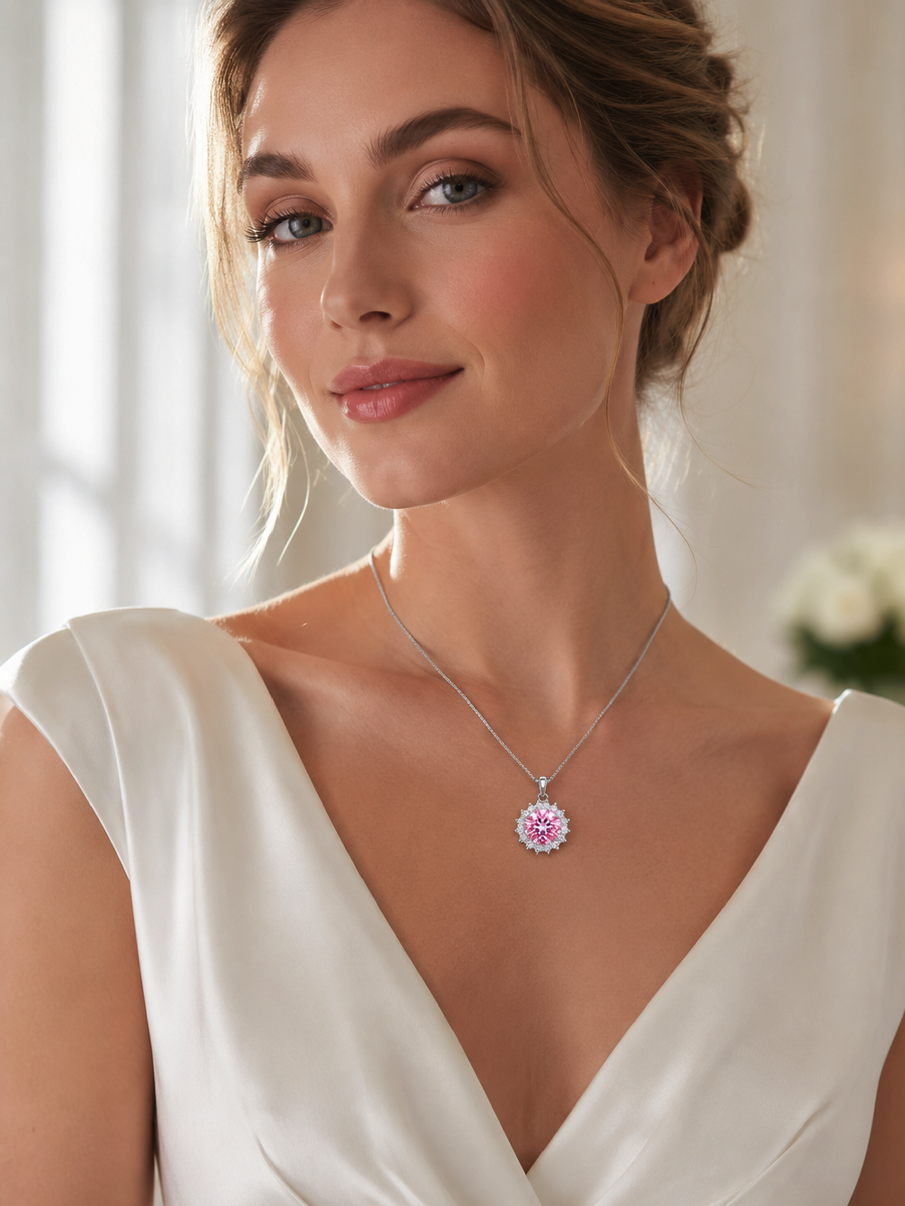 Woman wearing a 1.25ct Pink Diamond Moissanite Pendant Necklace