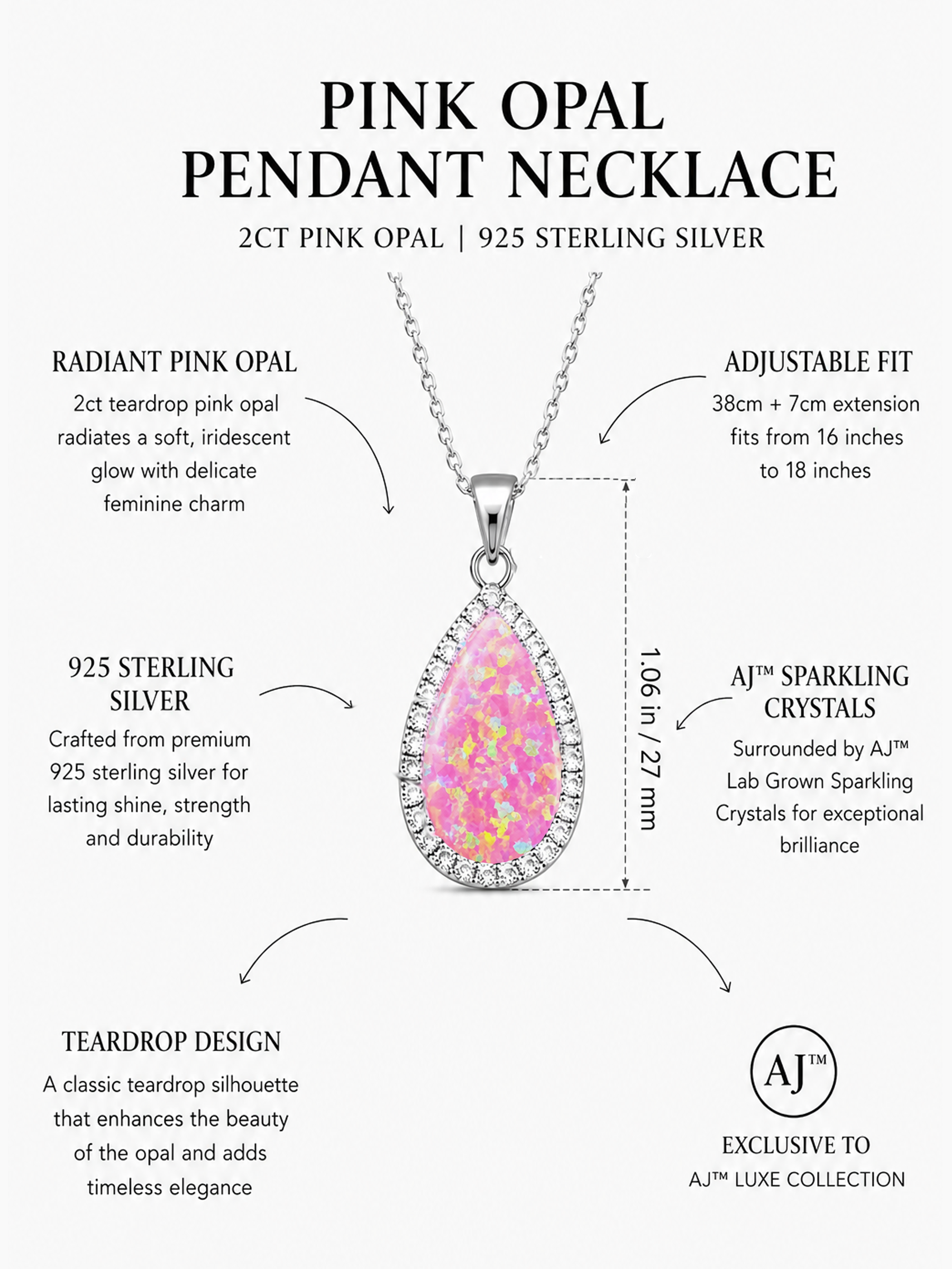 2Ct Pink Opal Pendant Necklace