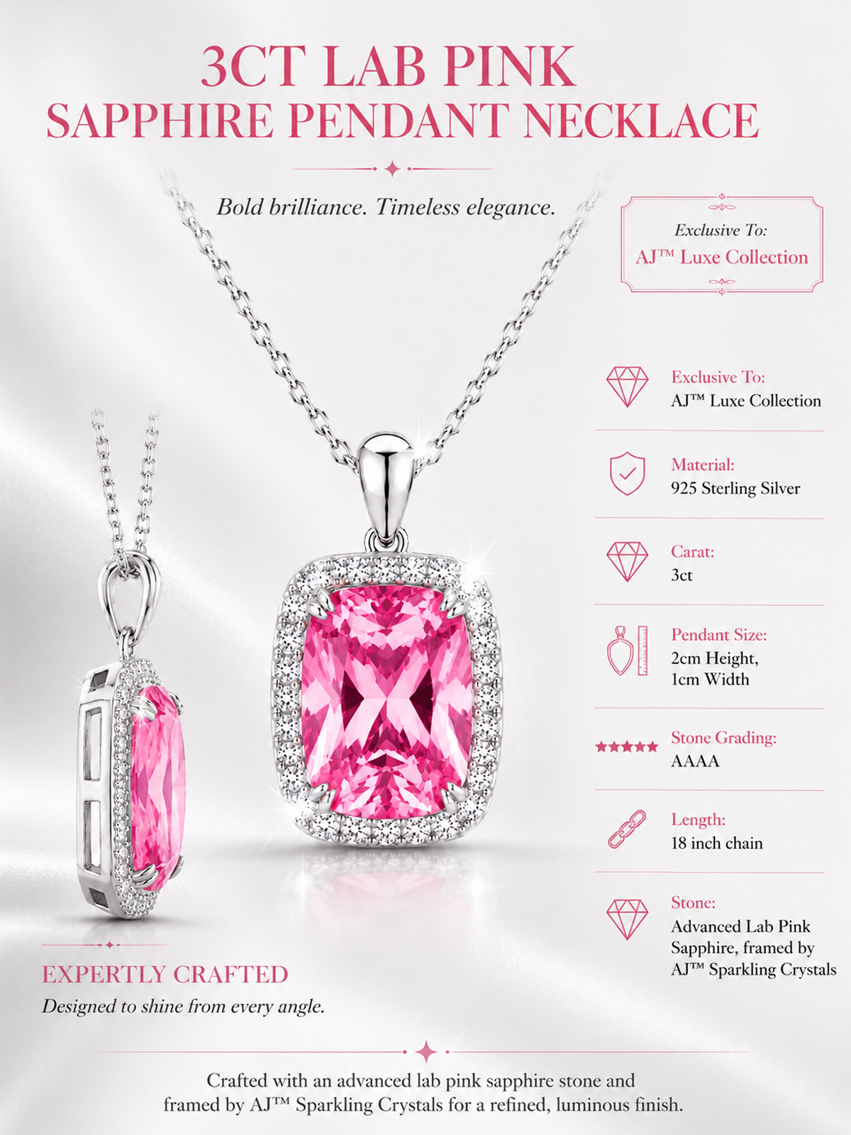 3Ct Lab Pink Sapphire Pendant Necklace