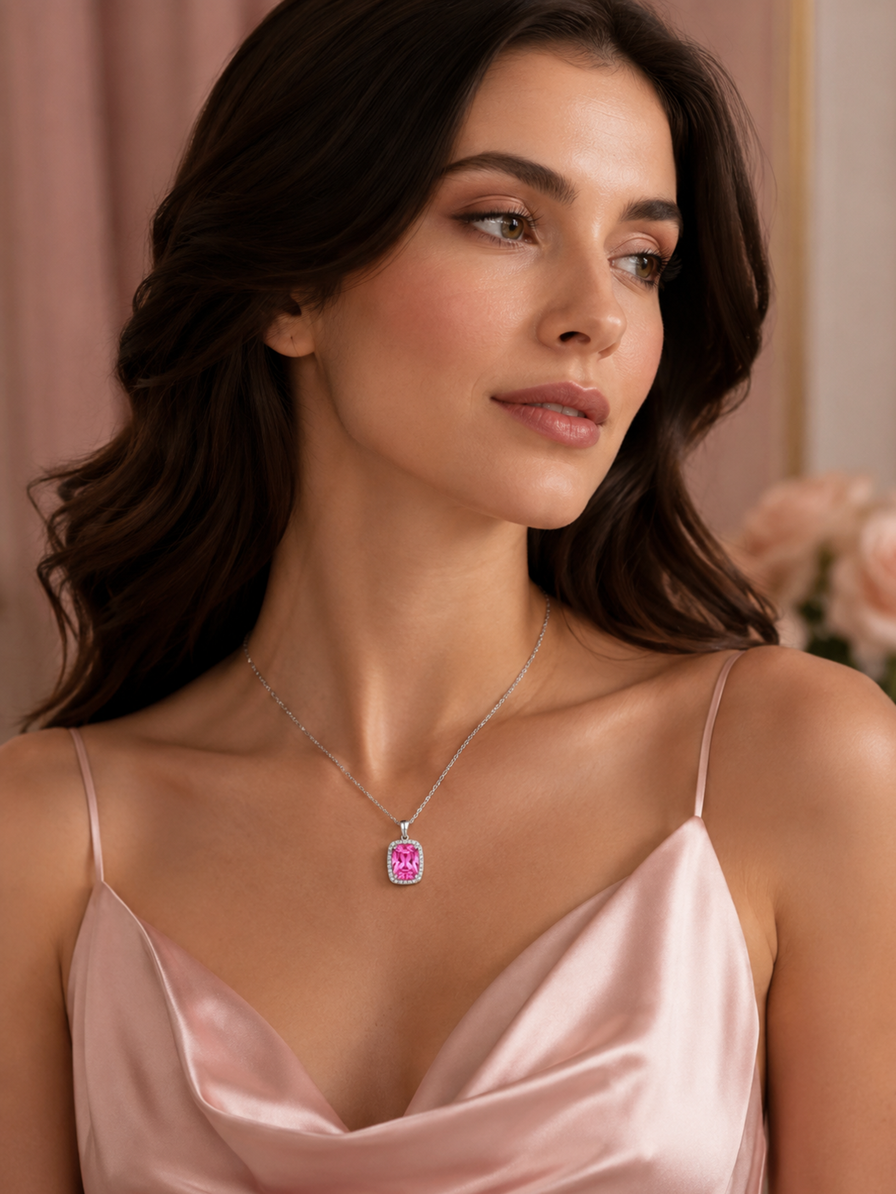 Woman wearing 3Ct Lab Pink Sapphire Pendant Necklace