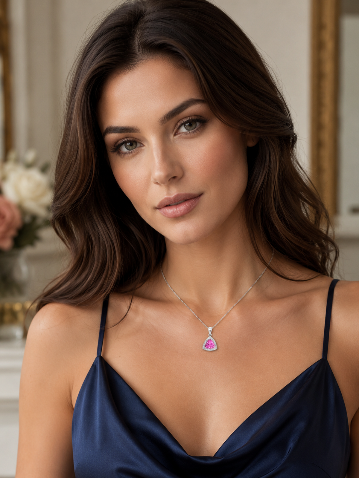 Pink Sapphire Trillion Cut Halo Pendant Necklace