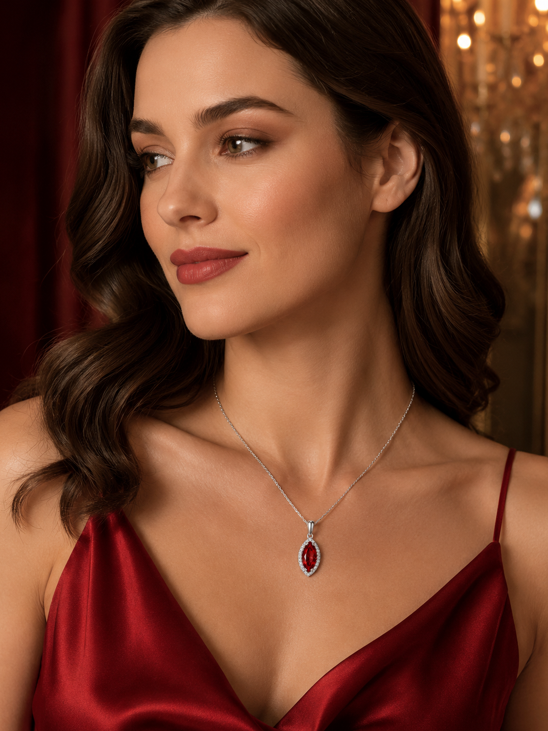 Woman wearing a red dress and 1.2Ct Lab Ruby Marquise Cut Pendant Necklace