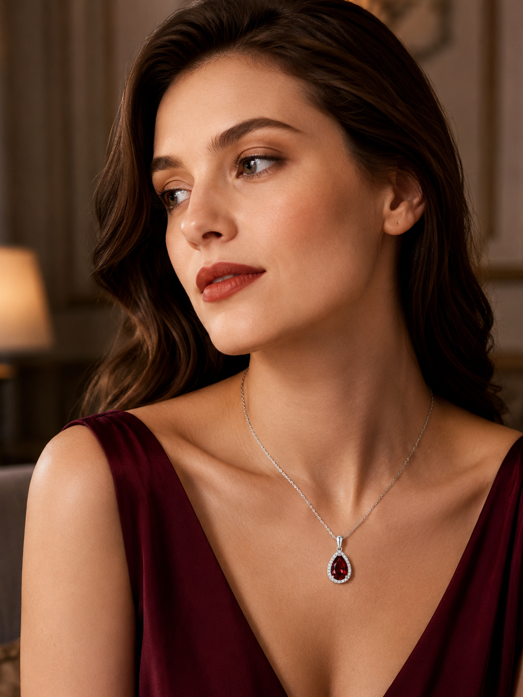 Woman wearing a 1Ct Lab Ruby Pear Cut Pendant Necklace