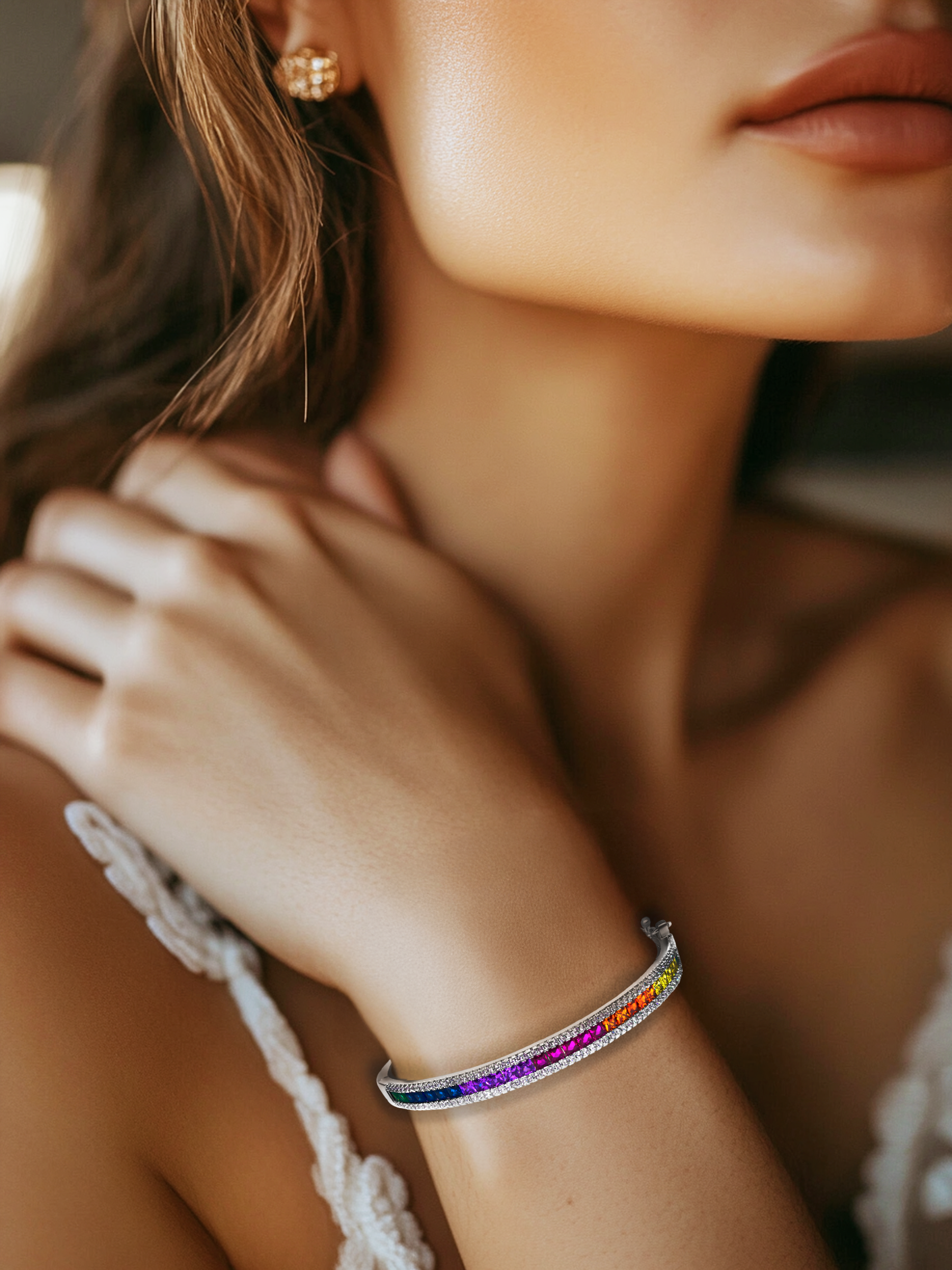 Rainbow Multicoloured Cuff Bracelet Platinum Tone Plated