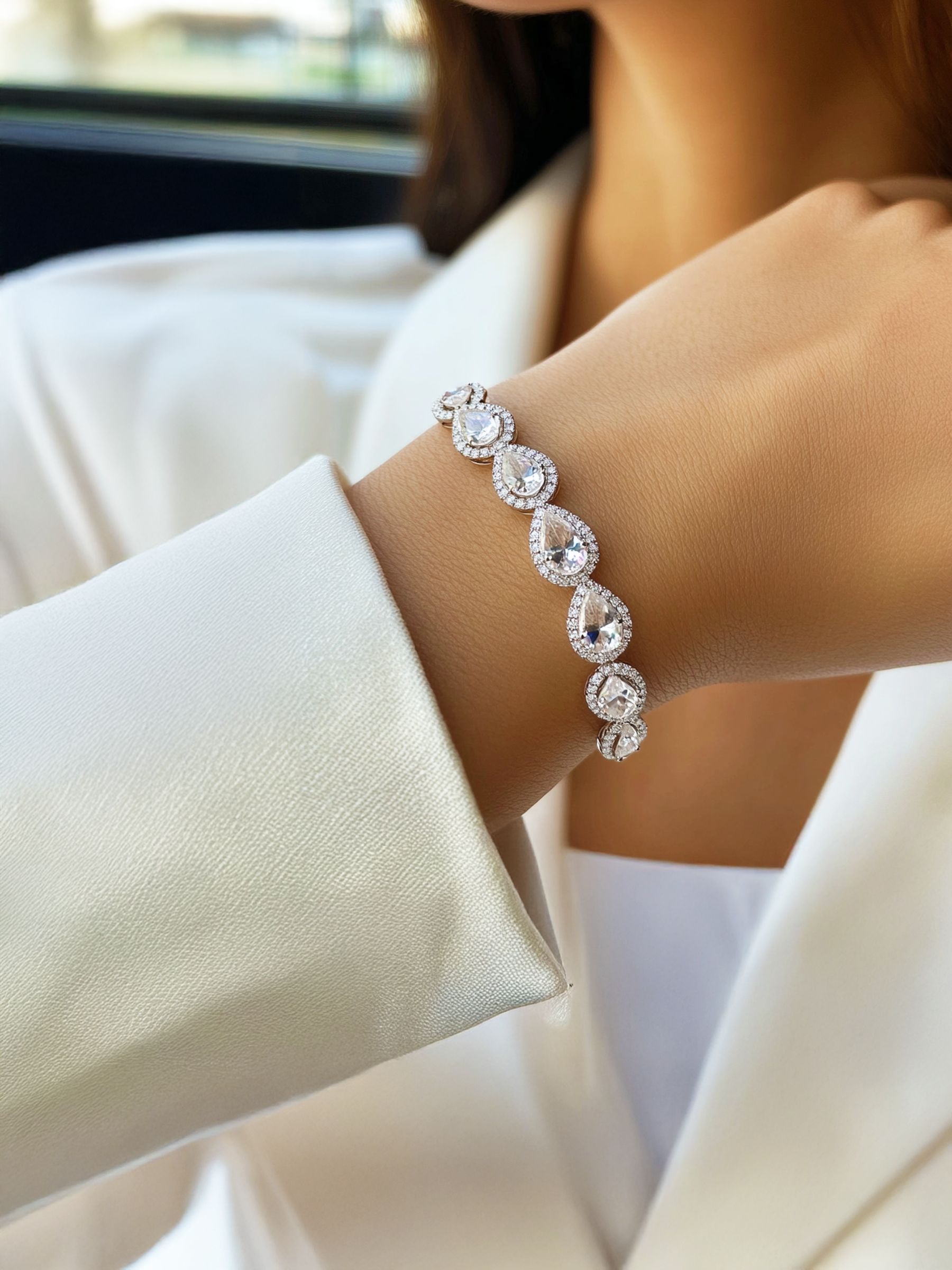 Sparkling Pear Cut Tennis Bracelet Rhodium Plated